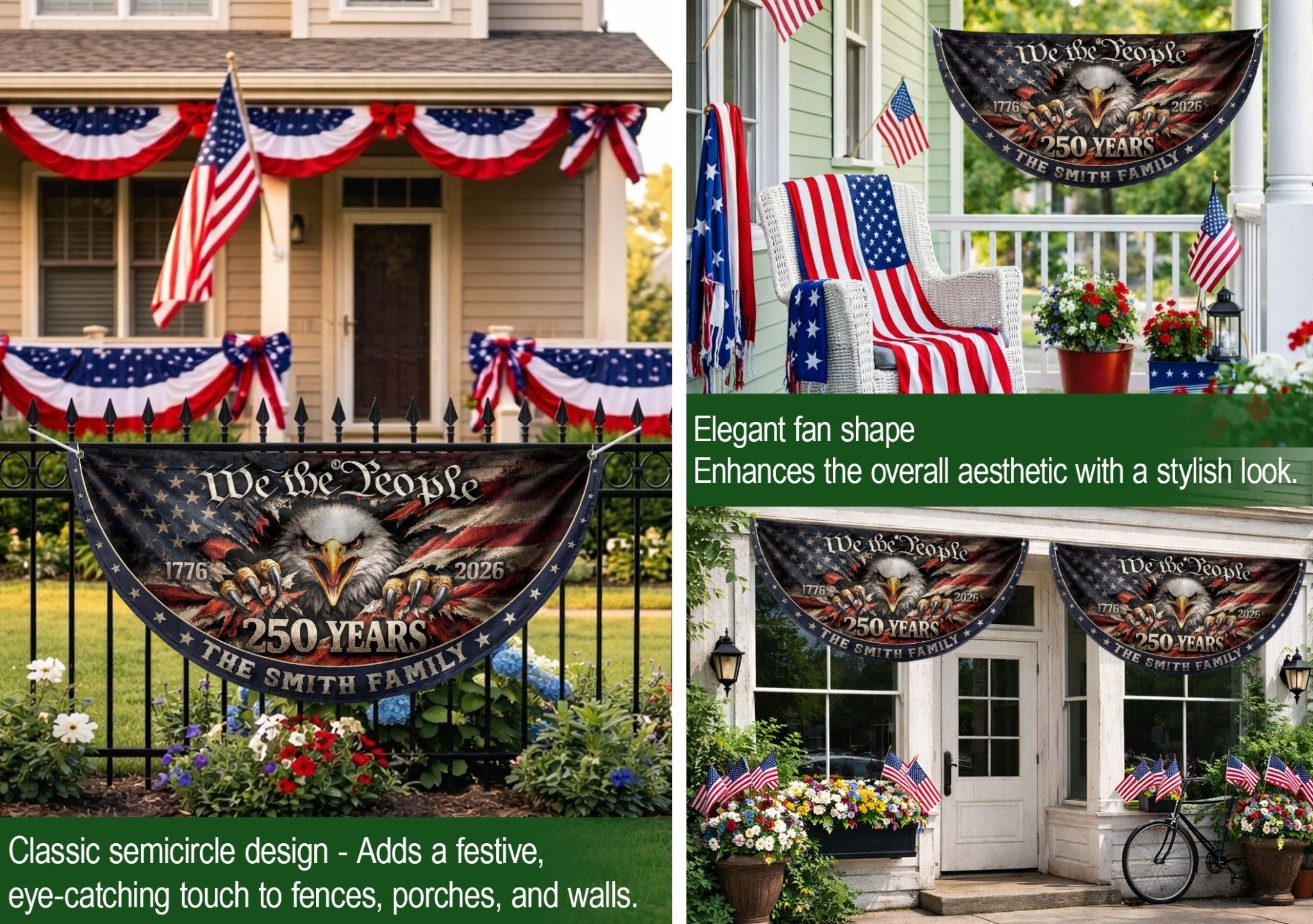 American Eagle Fence Flag Custom Family Name 250 Years Freedom 1776-2026 Patriotic Yard Decor - Rust Field Wear