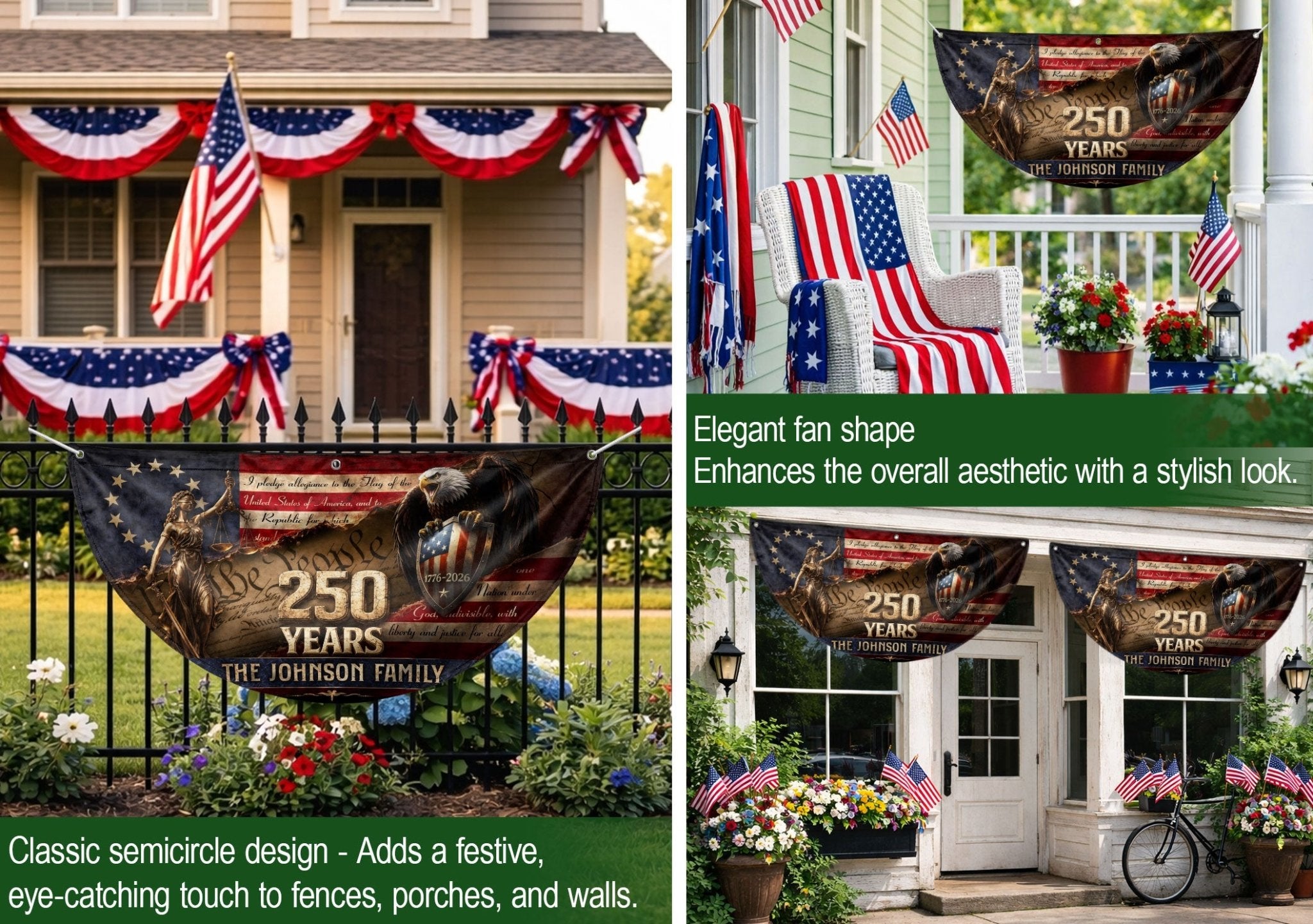 Lady Justice Constitution Fence Flag Custom Family Name 250 Years Freedom 1776-2026 Patriotic Yard Decor - Rust Field Wear