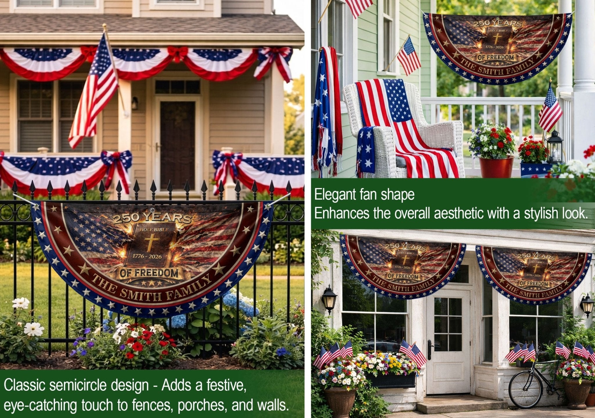 Christian Faith Bible Fence Flag Custom Family Name 250 Years Freedom 1776-2026 Patriotic Decor - Rust Field Wear