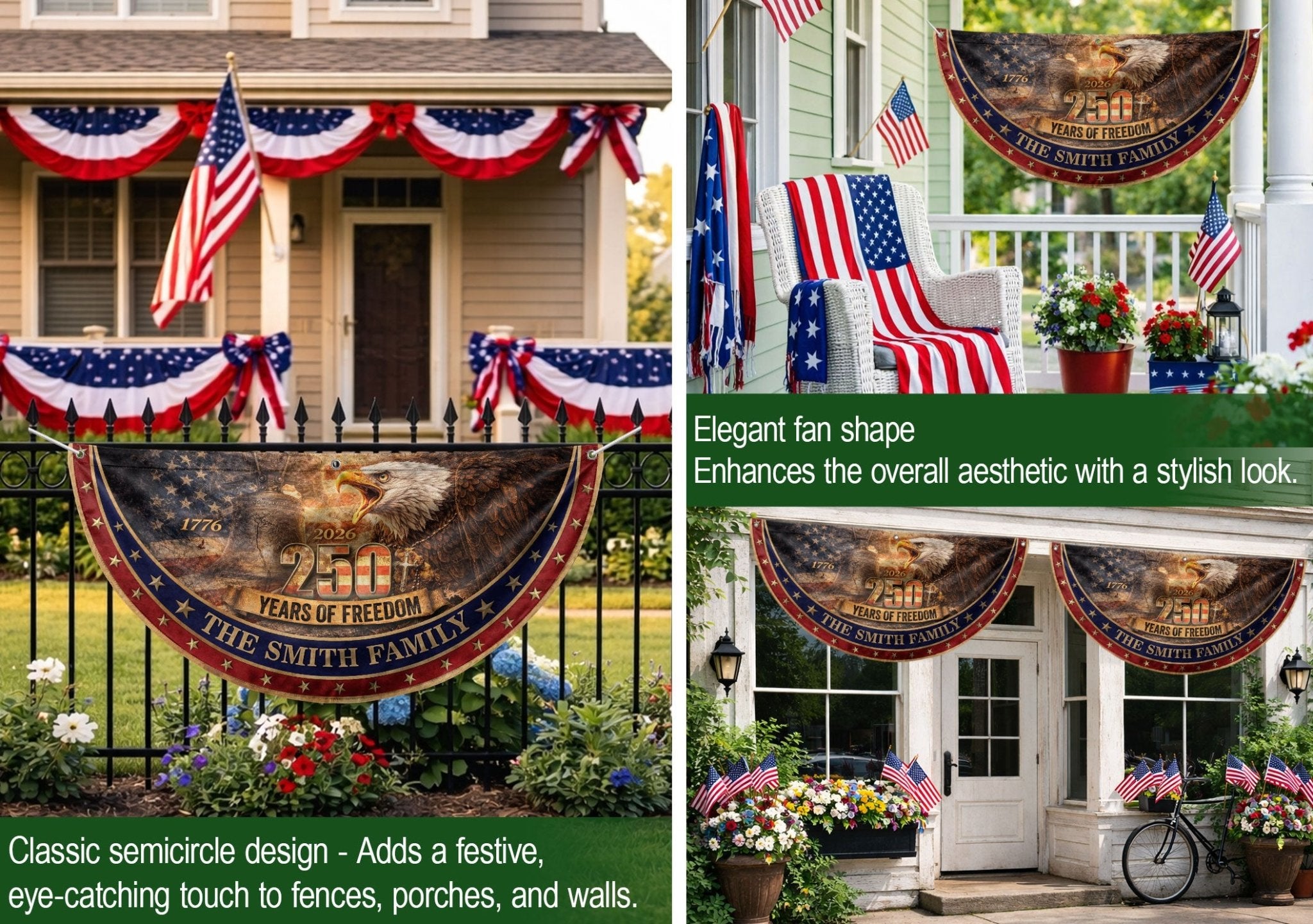 Patriotic Eagle Liberty Bell Fence Flag Custom Family Name 250 Years Freedom 1776-2026 Yard Decor - Rust Field Wear