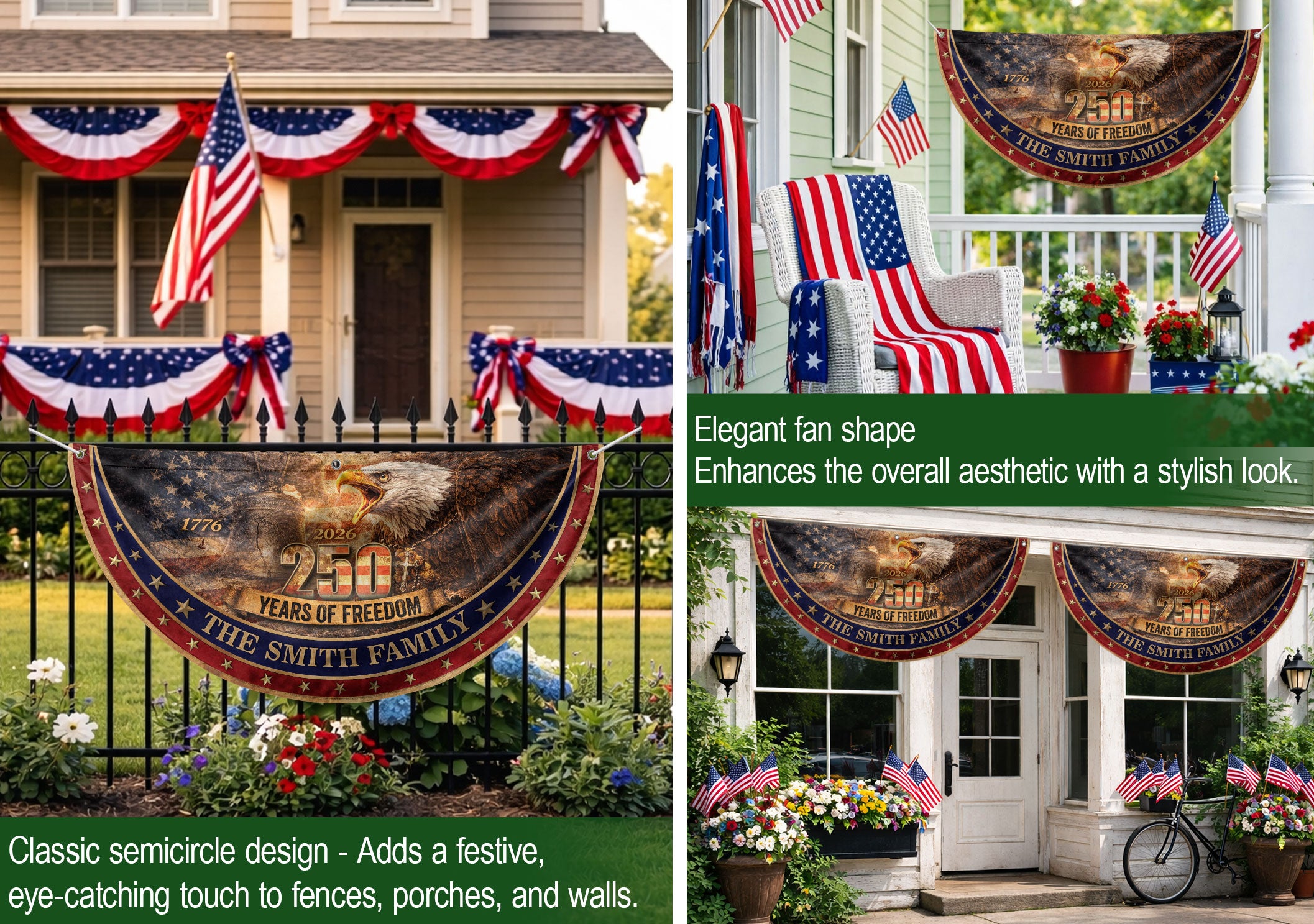 Patriotic Eagle Liberty Bell Fence Flag Custom Family Name 250 Years Freedom 1776-2026 Yard Decor