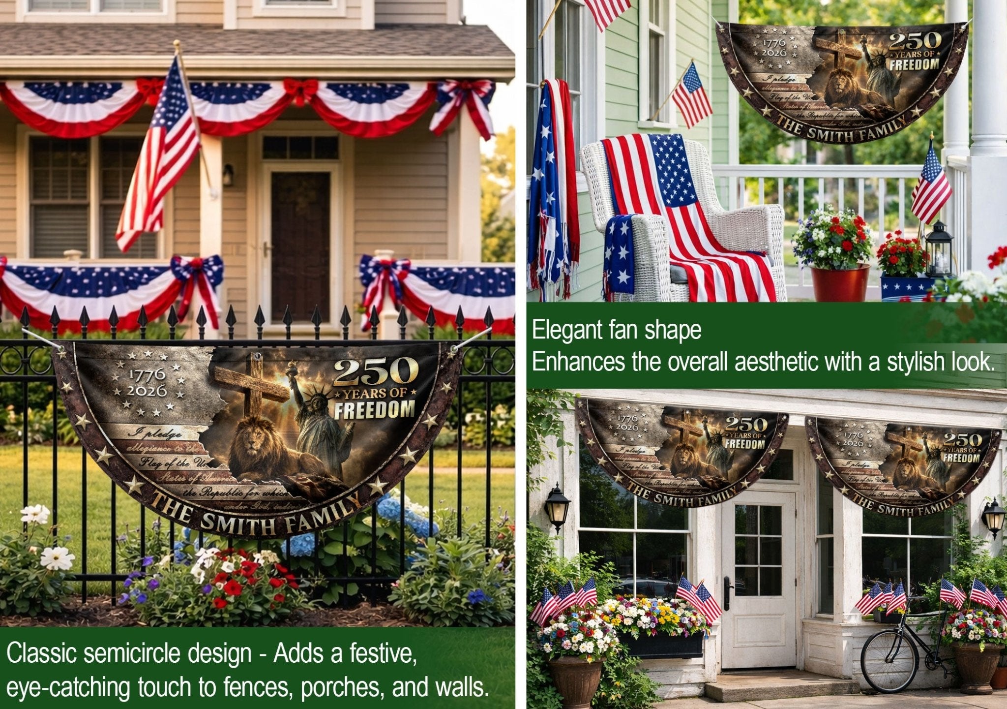 Christian Lion Cross Fence Flag Custom Family Name 250 Years Freedom 1776-2026 Patriotic Decor - Rust Field Wear