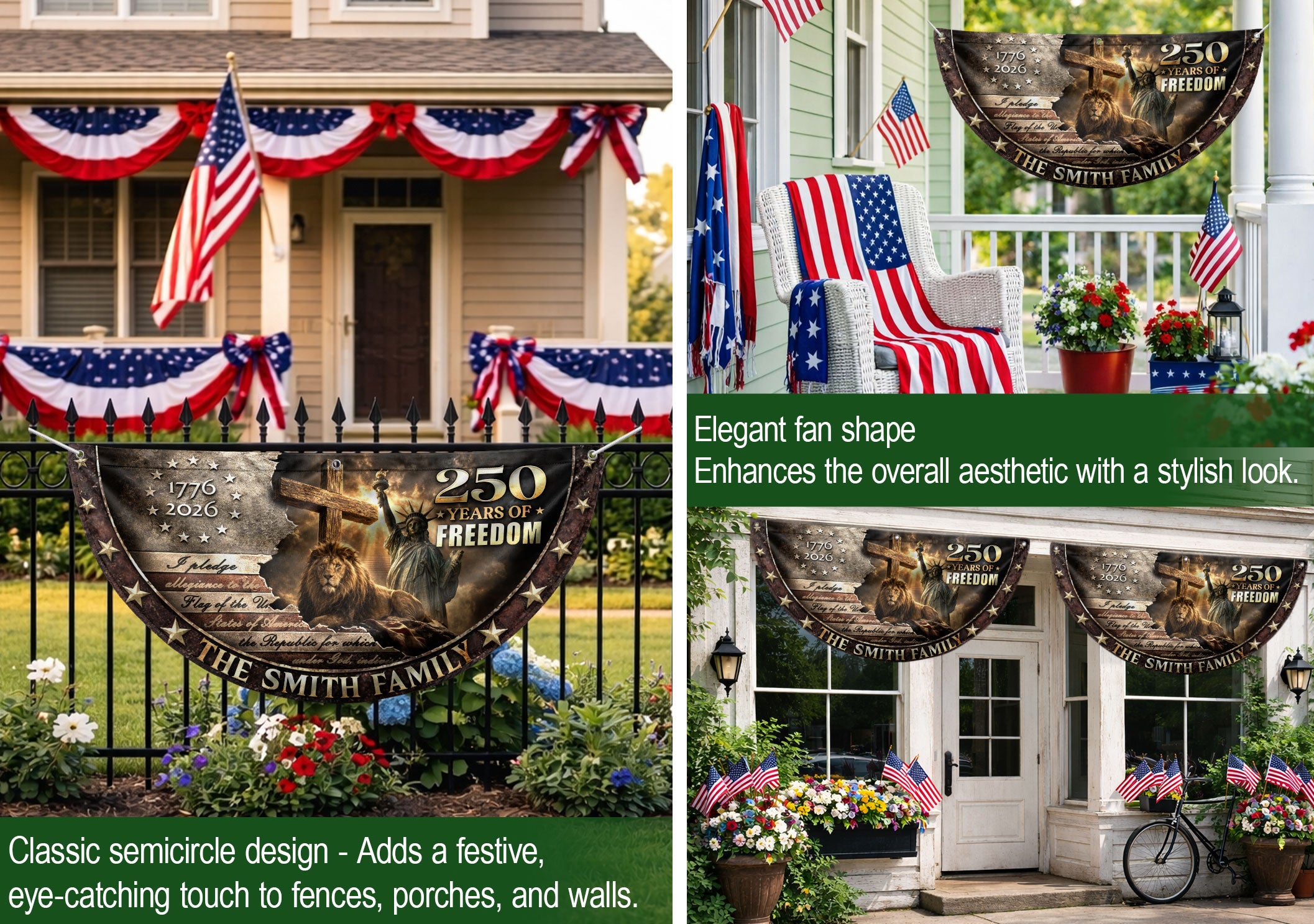 Christian Lion Cross Fence Flag Custom Family Name 250 Years Freedom 1776-2026 Patriotic Decor