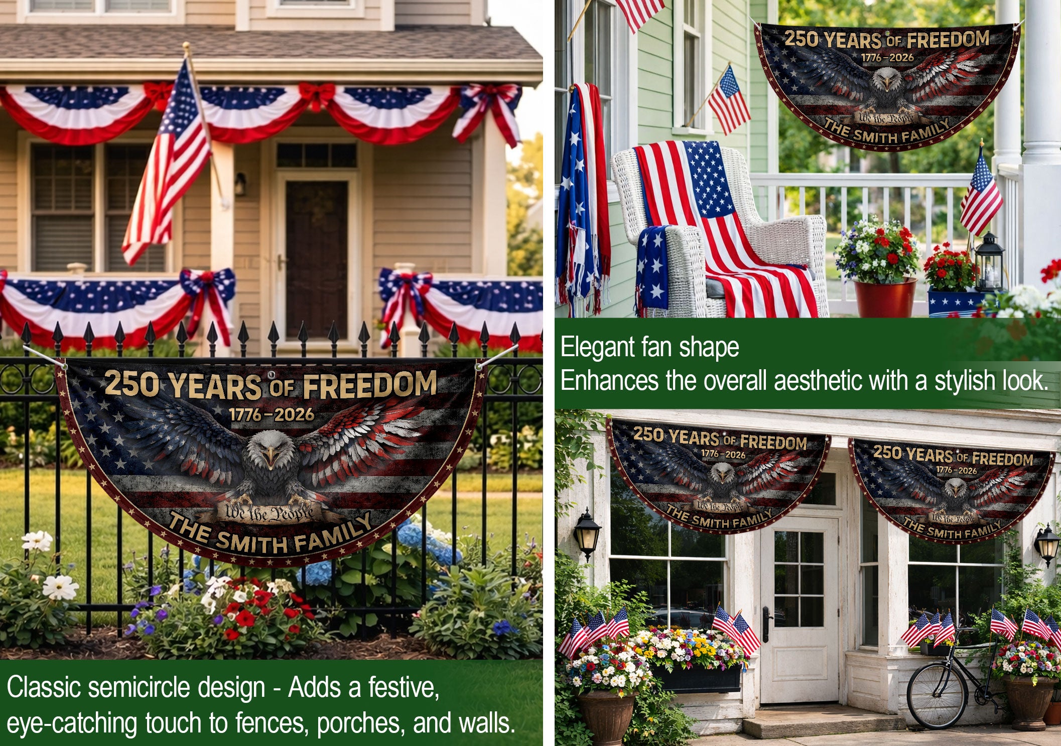 American Bald Eagle Fence Flag Custom Family Name 250 Years Freedom 1776-2026 Patriotic Yard Decor