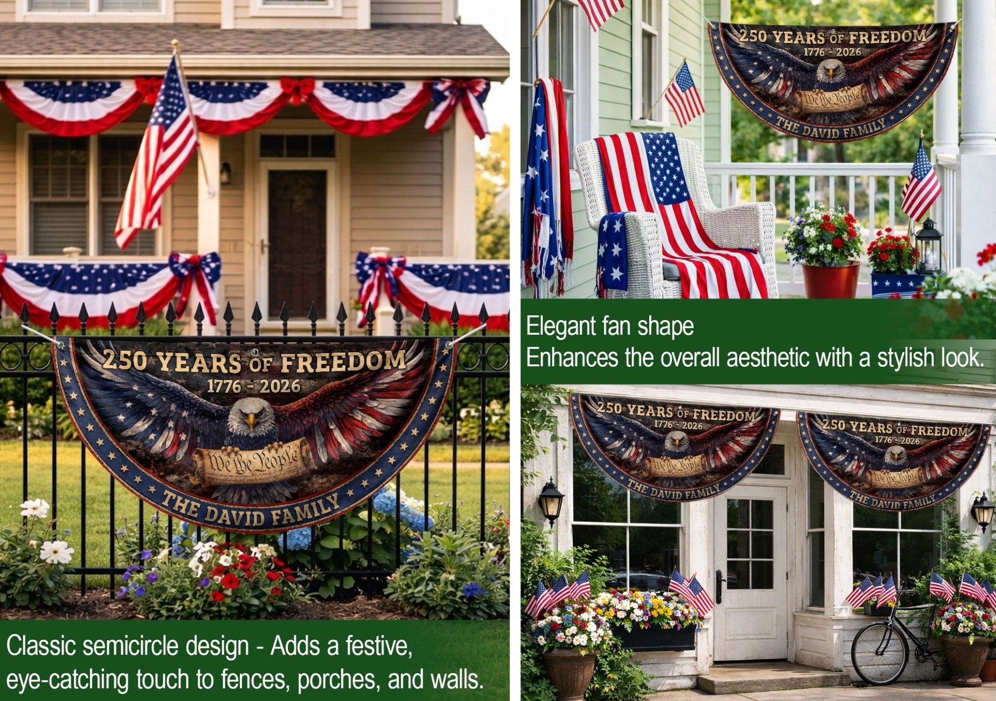 We The People Eagle Fence Flag Personalized Family Name 250 Years of Freedom 1776-2026 Patriotic Decor - Rust Field Wear