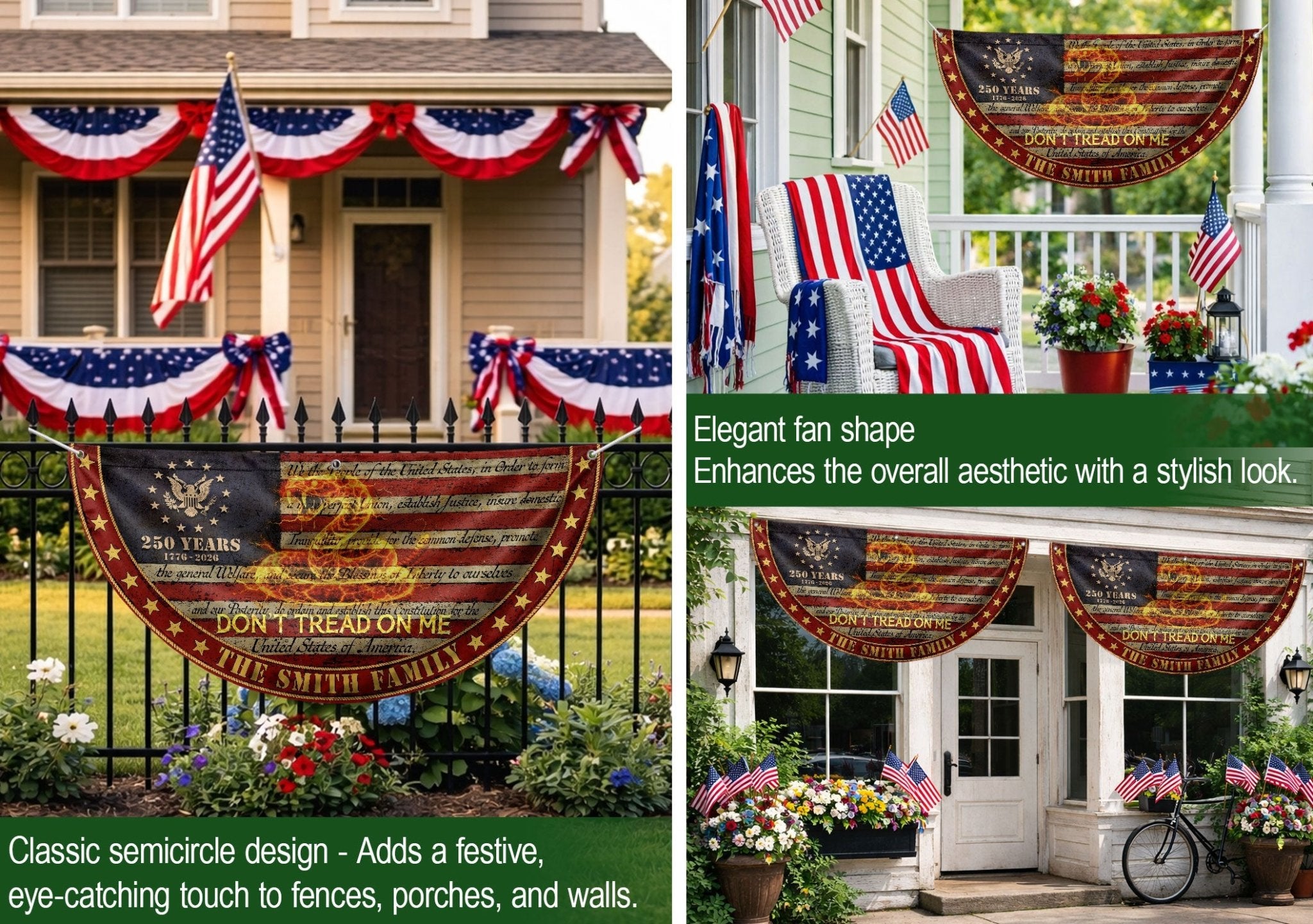Dont Tread On Me Snake Fence Flag Custom Family Name 250 Years Freedom 1776-2026 Patriotic Yard Decor - Rust Field Wear