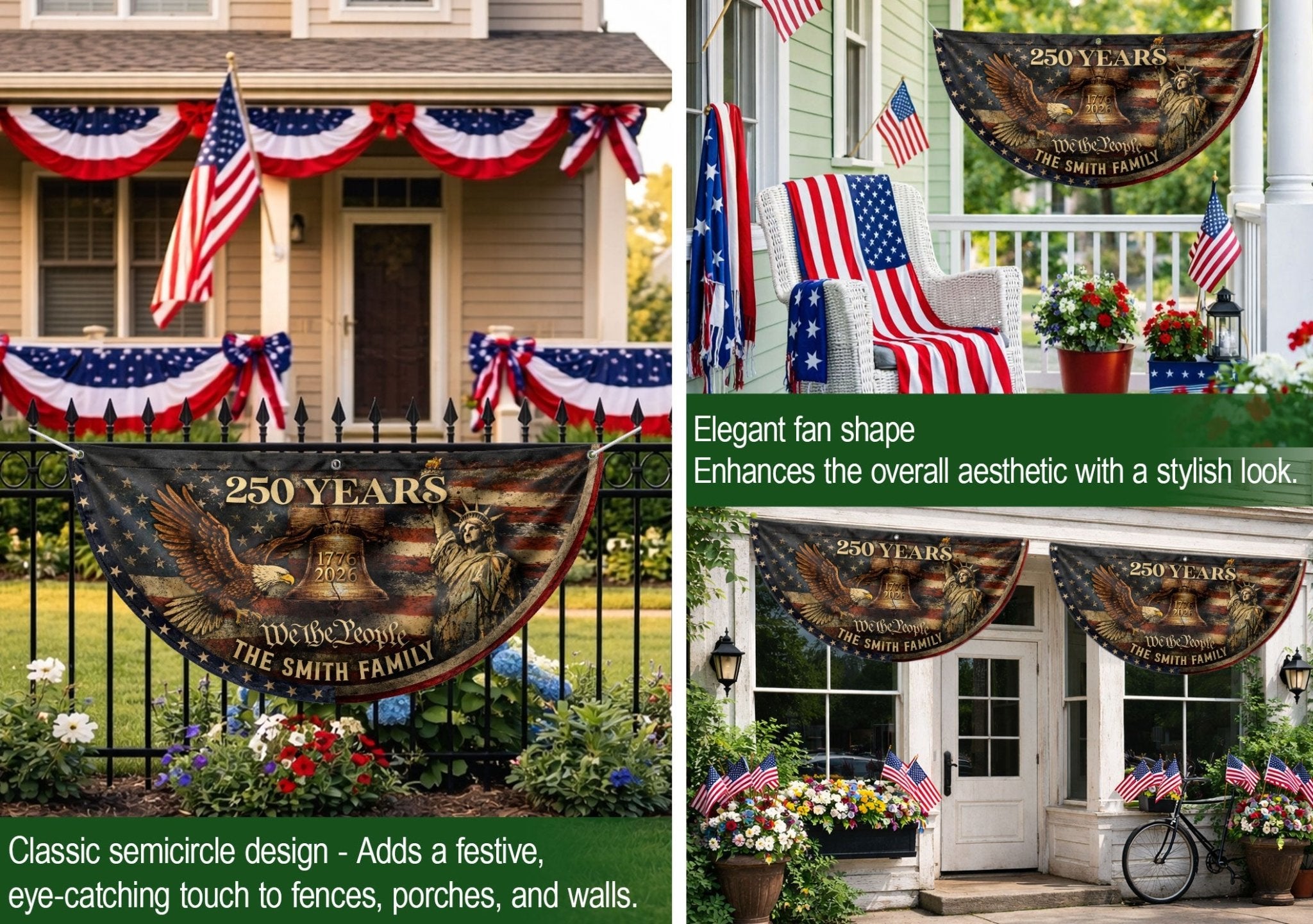 Liberty Bell Eagle Fence Flag Custom Family Name 250 Years Freedom 1776-2026 Patriotic Yard Decor - Rust Field Wear