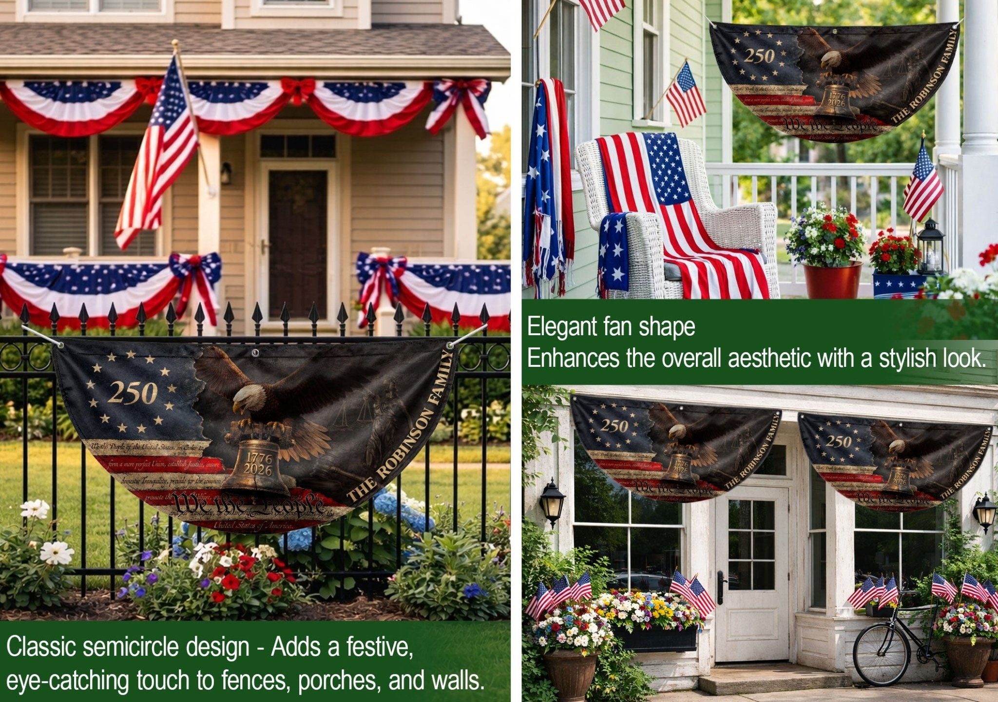 Distressed Eagle Liberty Bell Fence Flag Custom Family Name 250 Years Freedom 1776-2026 Patriotic Decor - Rust Field Wear