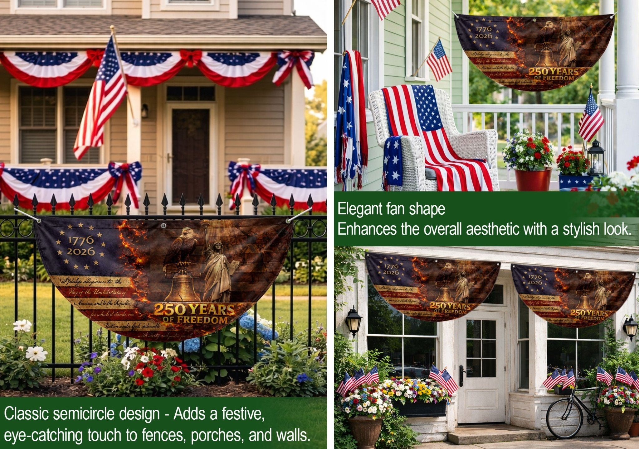 250 Years of Freedom Fence Flag 1776 to 2026 Patriotic Eagle Liberty Bell Statue Outdoor Yard Decor - Rust Field Wear