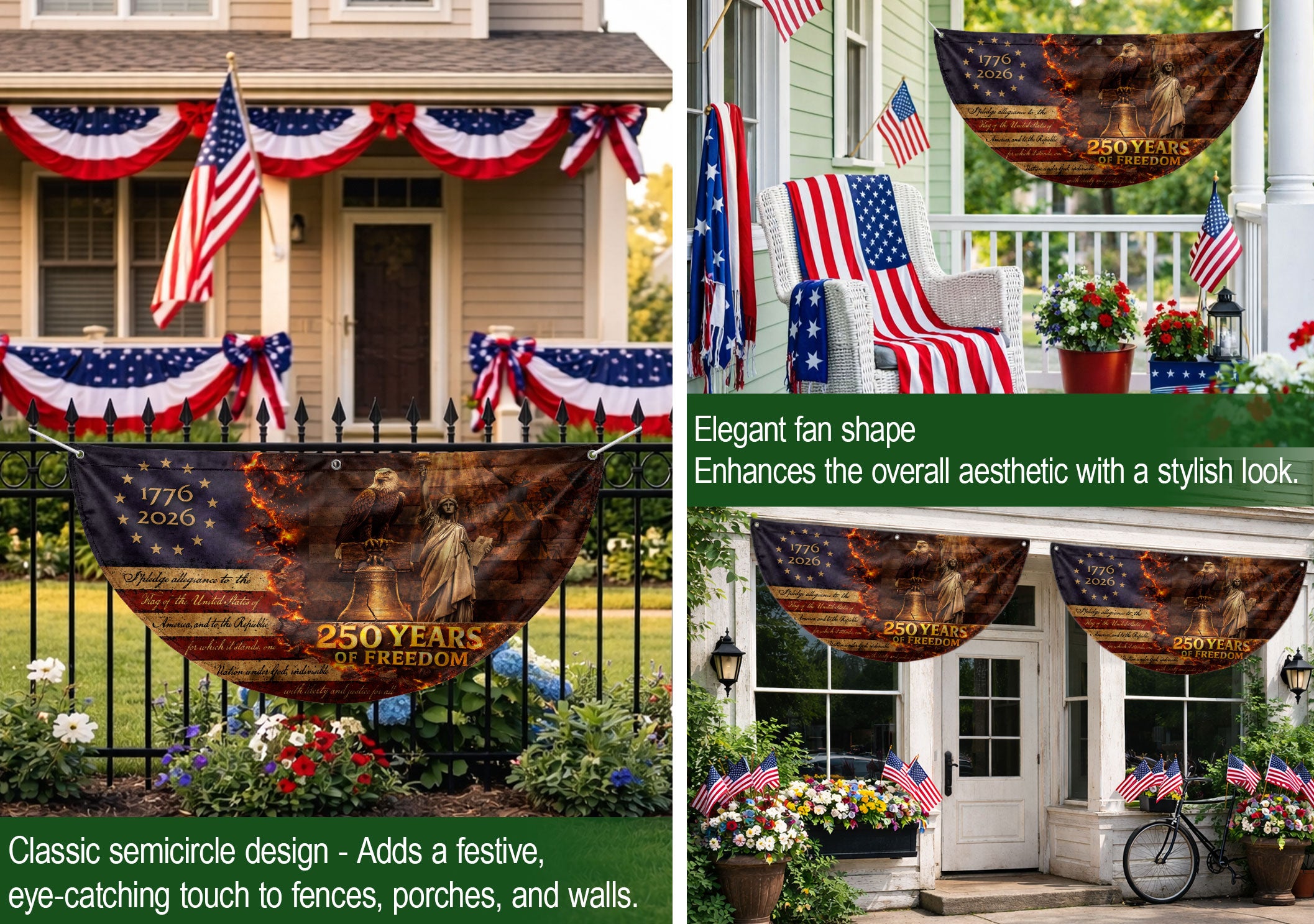 250 Years of Freedom Fence Flag 1776 to 2026 Patriotic Eagle Liberty Bell Statue Outdoor Yard Decor