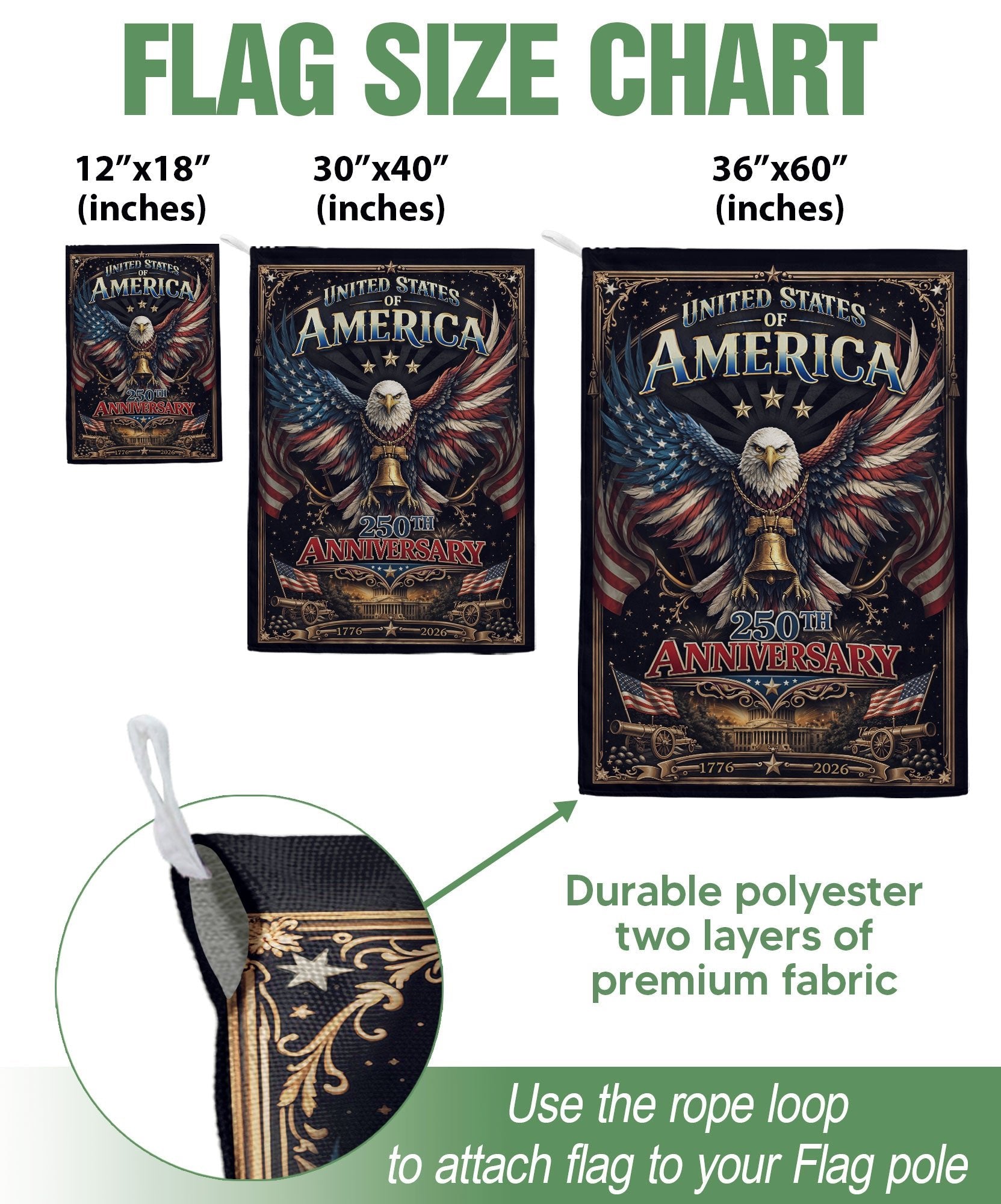 250th Anniversary United States Decorative House Flag - Eagle and Liberty Bell Design - Rust Field Wear