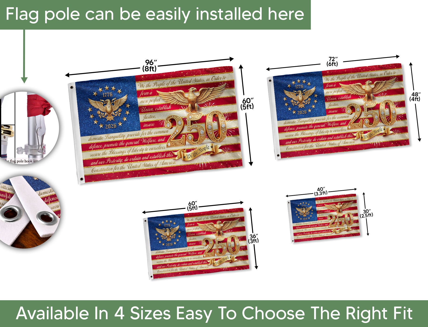 USA 250 Years Patriotic Flag - Golden Eagle & Diamond Constitution Banner 1776-2026