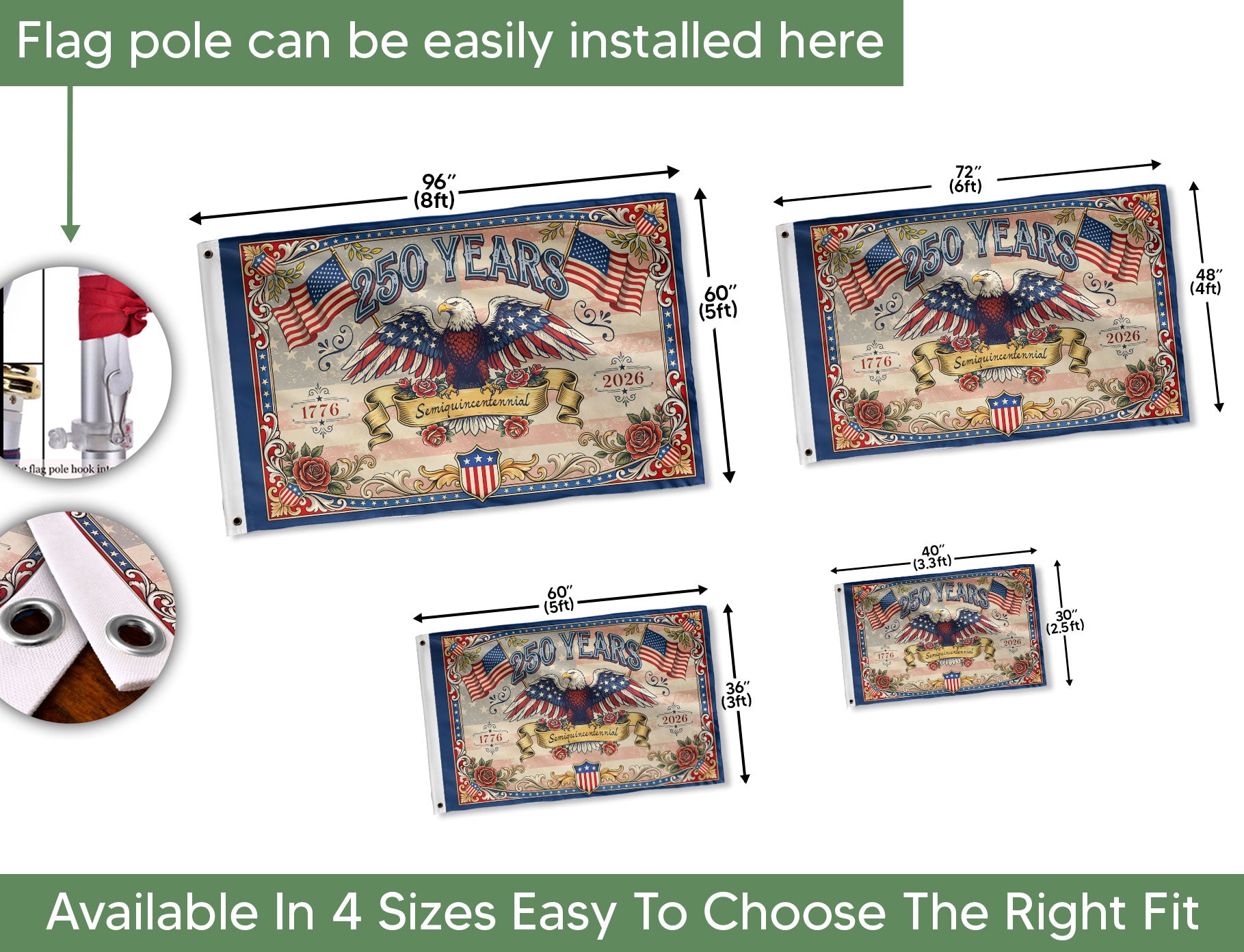 USA 250 Years Commemorative Flag - Vintage Eagle and Roses Patriotic Outdoor Banner