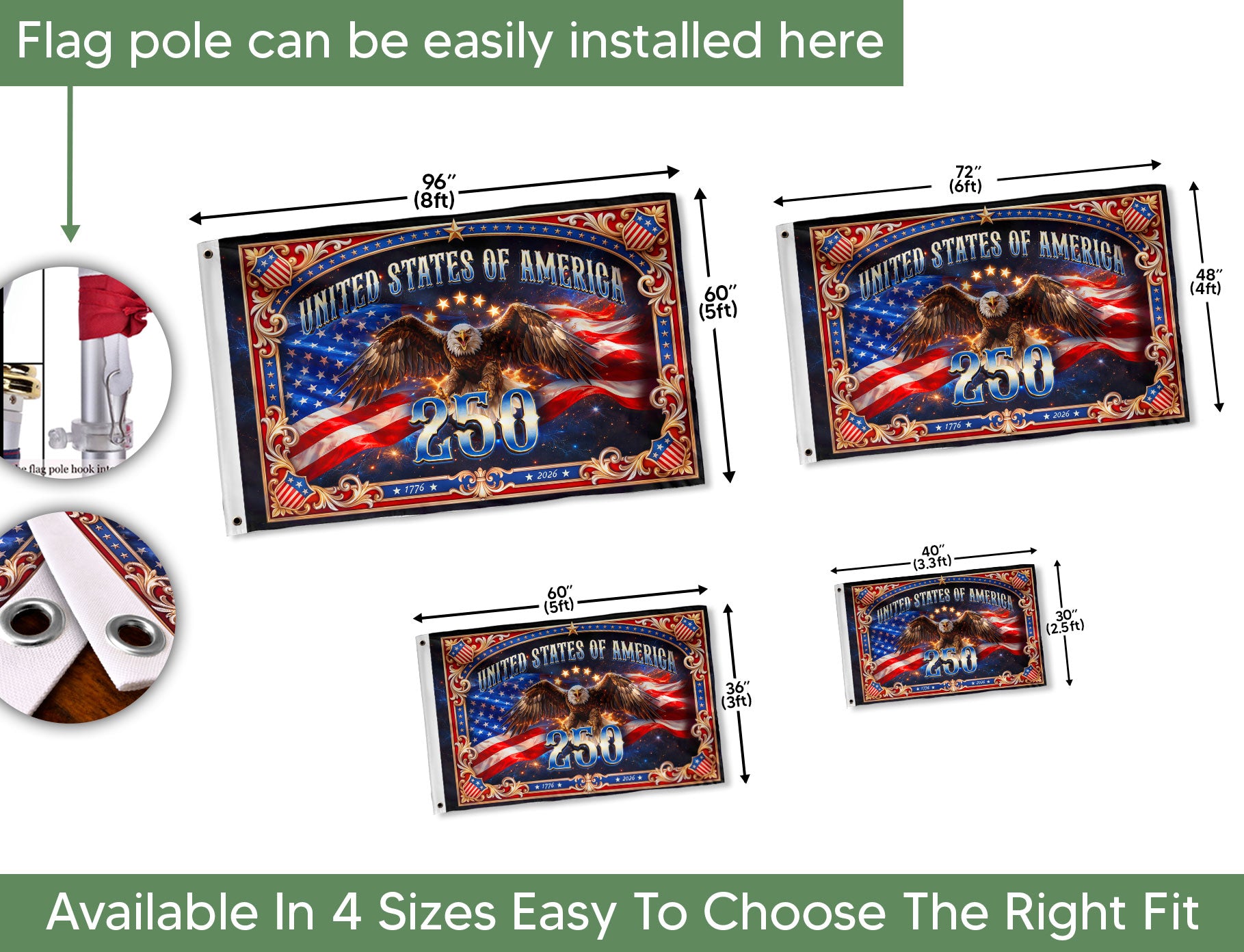 USA 250 Years Patriotic Flag - Majestic Bald Eagle & Stars Outdoor Banner 1776-2026