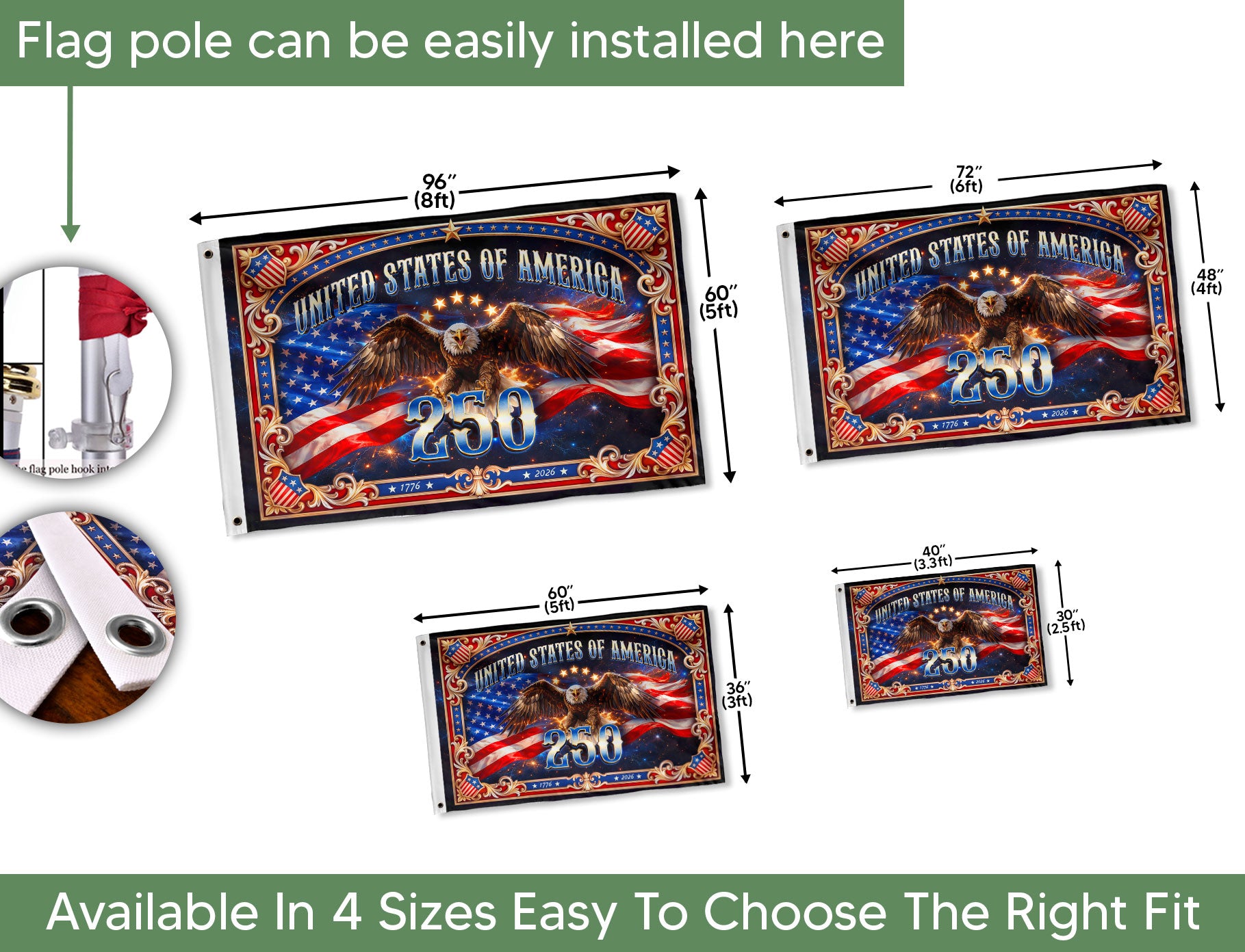 USA 250 Years Patriotic Flag - Majestic Bald Eagle & Stars Outdoor Banner 1776-2026