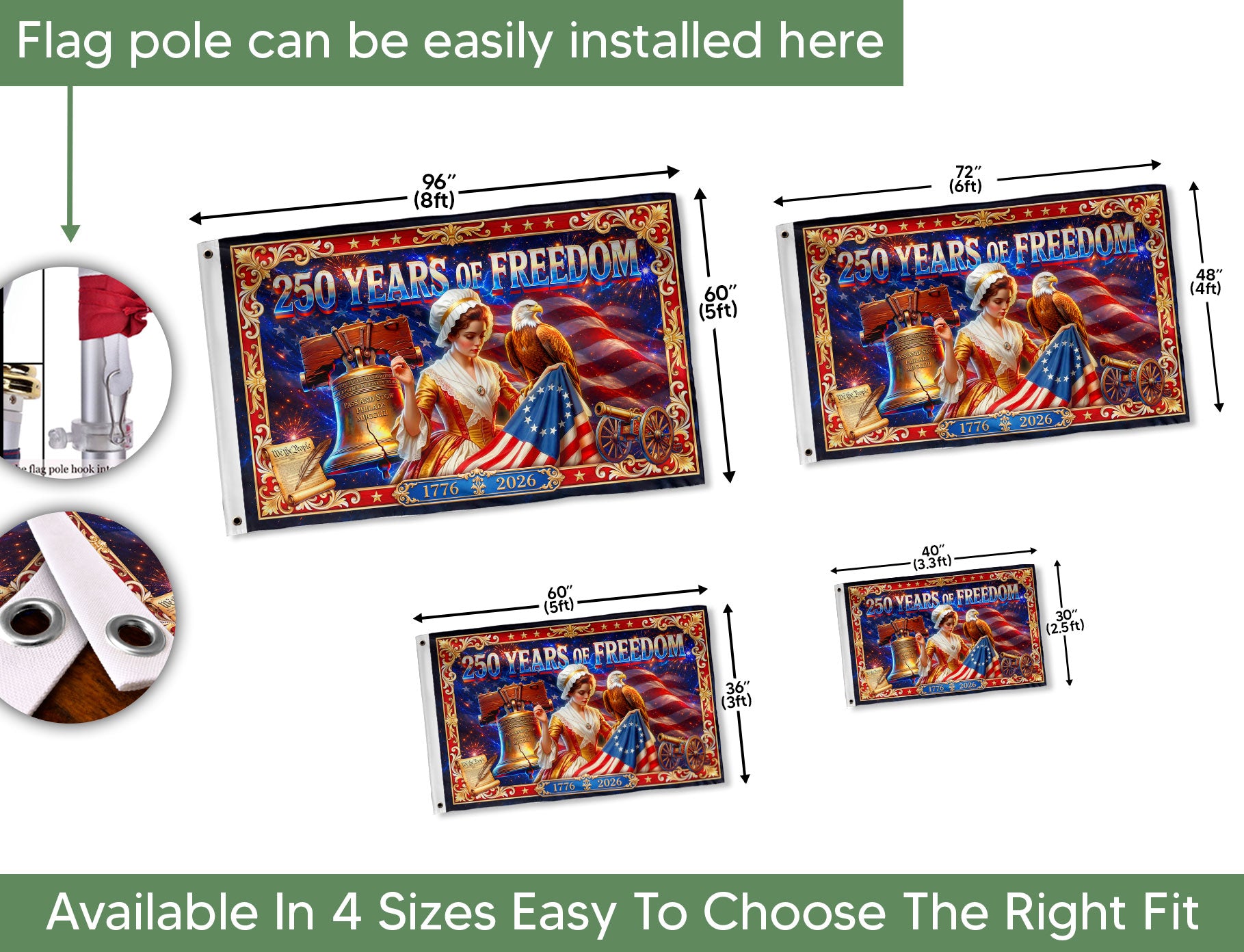 USA 250 Years of Freedom Flag - Betsy Ross & Liberty Bell Patriotic Banner 1776-2026