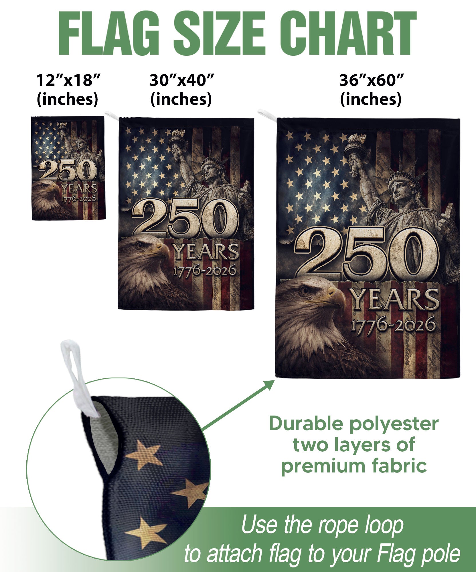 1776-2026 Anniversary House Flag 250 Years of Liberty Statue & Bald Eagle Banner