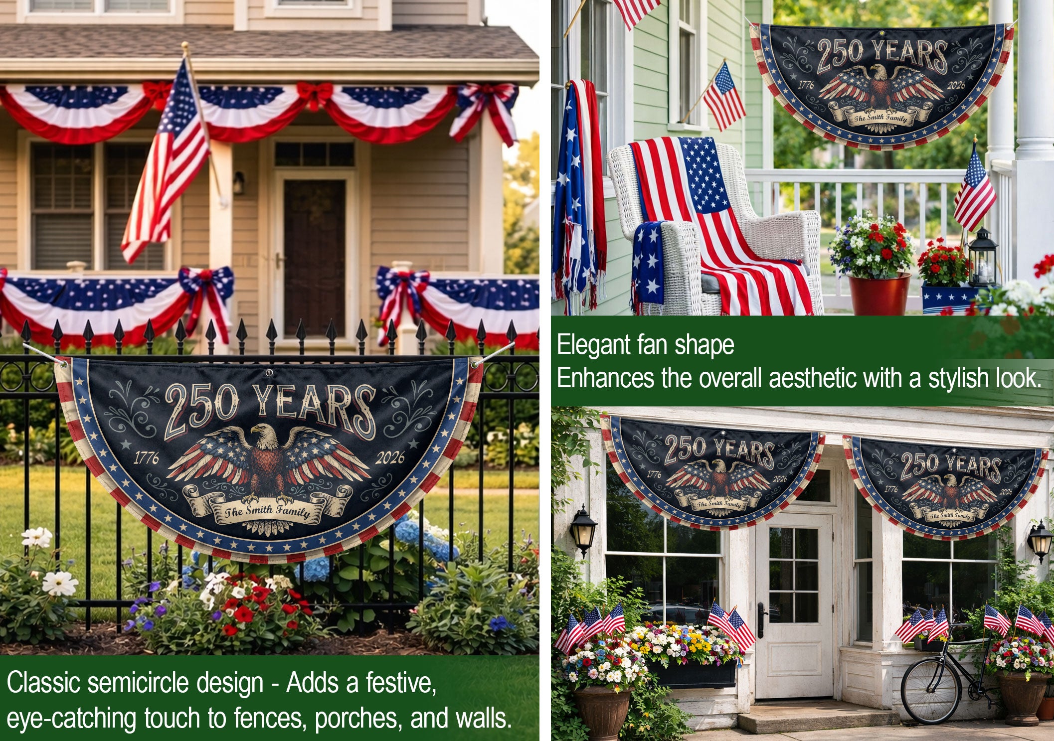 250 Years 1776-2026 Patriotic Fence Flag - Custom Family Name Eagle Outdoor Banner