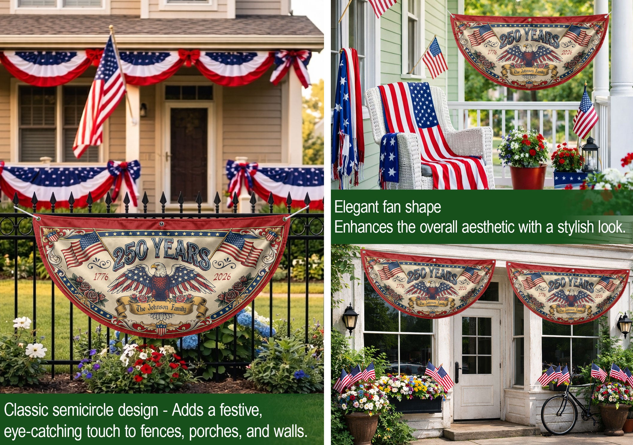 250 Years 1776-2026 American Anniversary Fence Flag - Custom Family Name Patriot Bunting