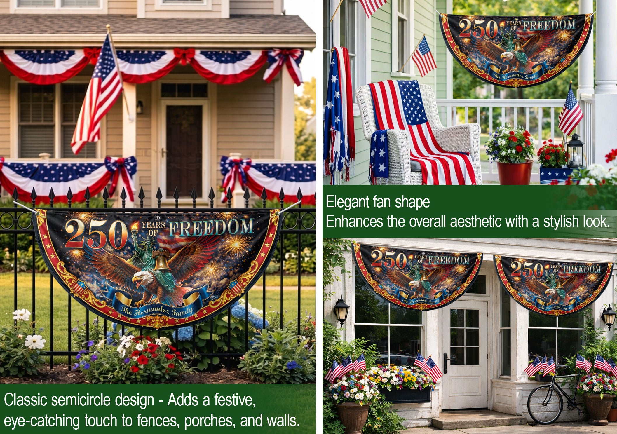 250 Years of Freedom Custom Family Name Patriot Fence Flag - Outdoor Bunting Banner