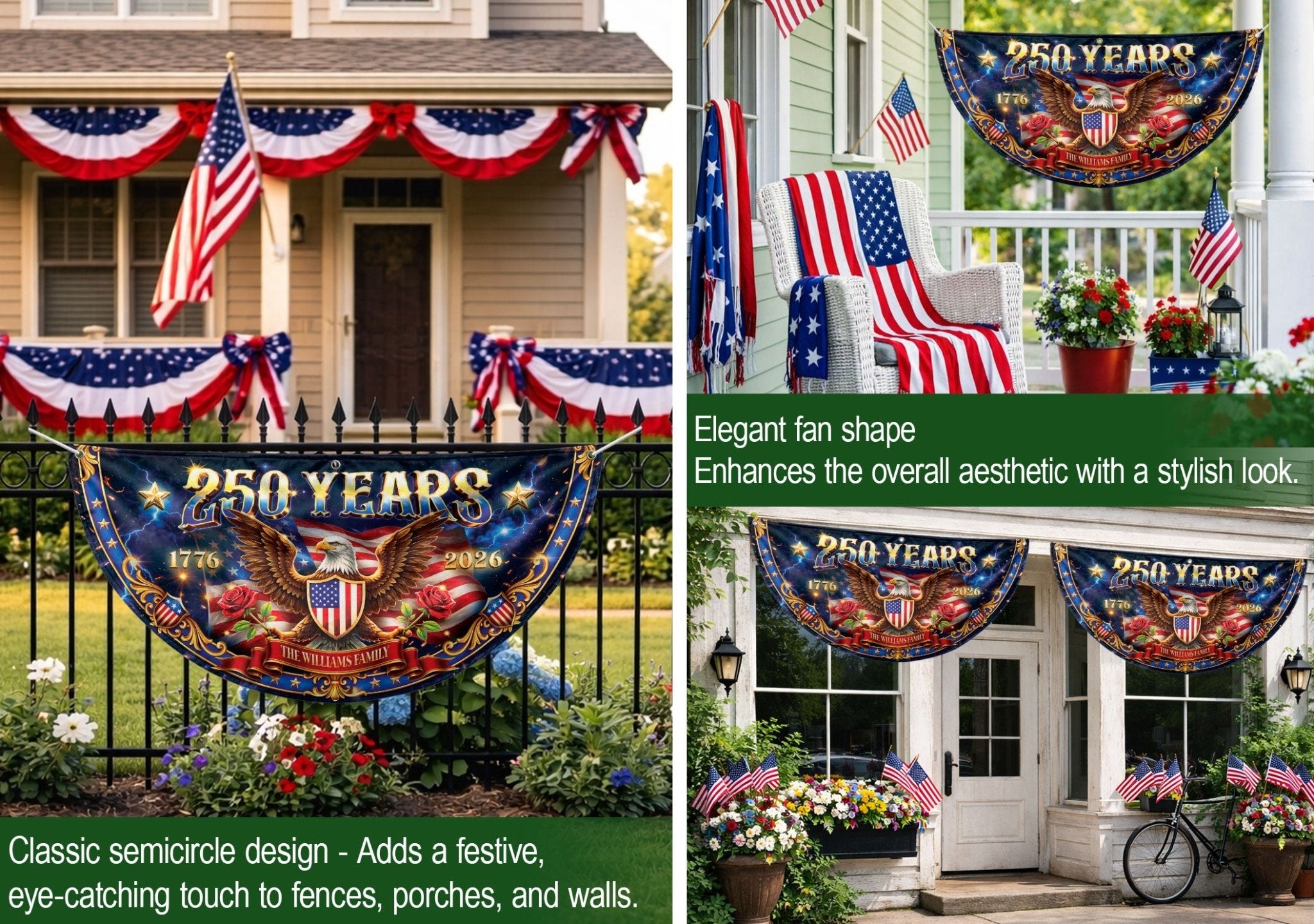 250 Years 1776-2026 Custom Family Name Patriot Eagle Shield Fence Flag Bunting Banner - Rust Field Wear