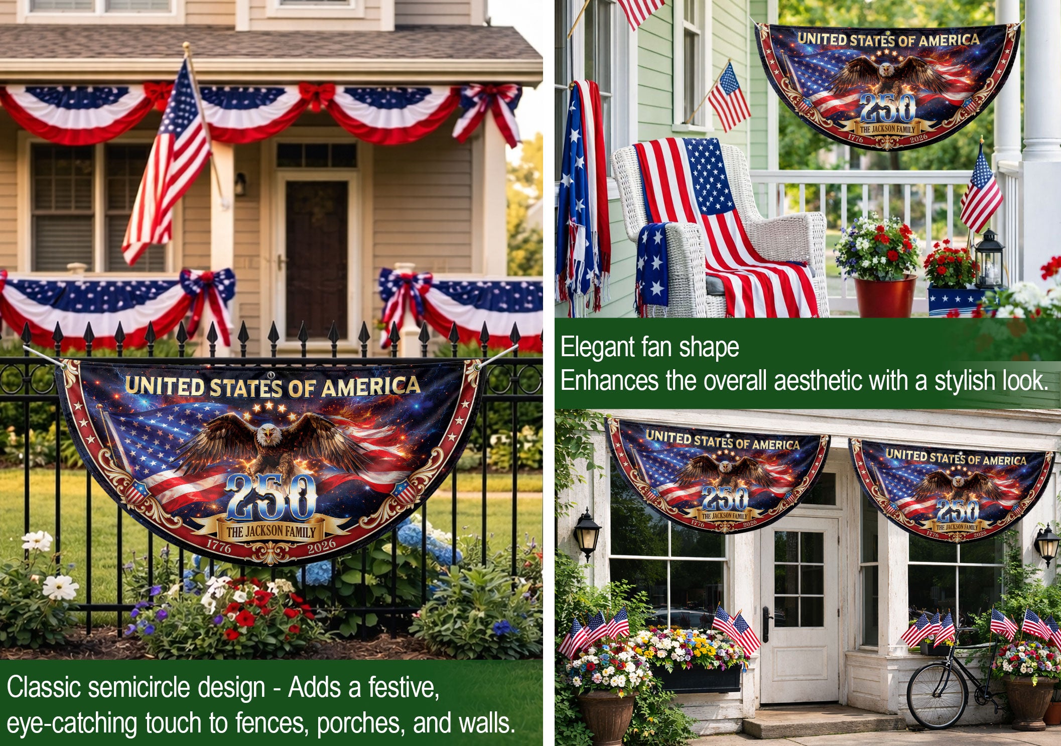 United States 250 Years Custom Family Name Fence Flag - 1776-2026 Patriot Bunting Decor