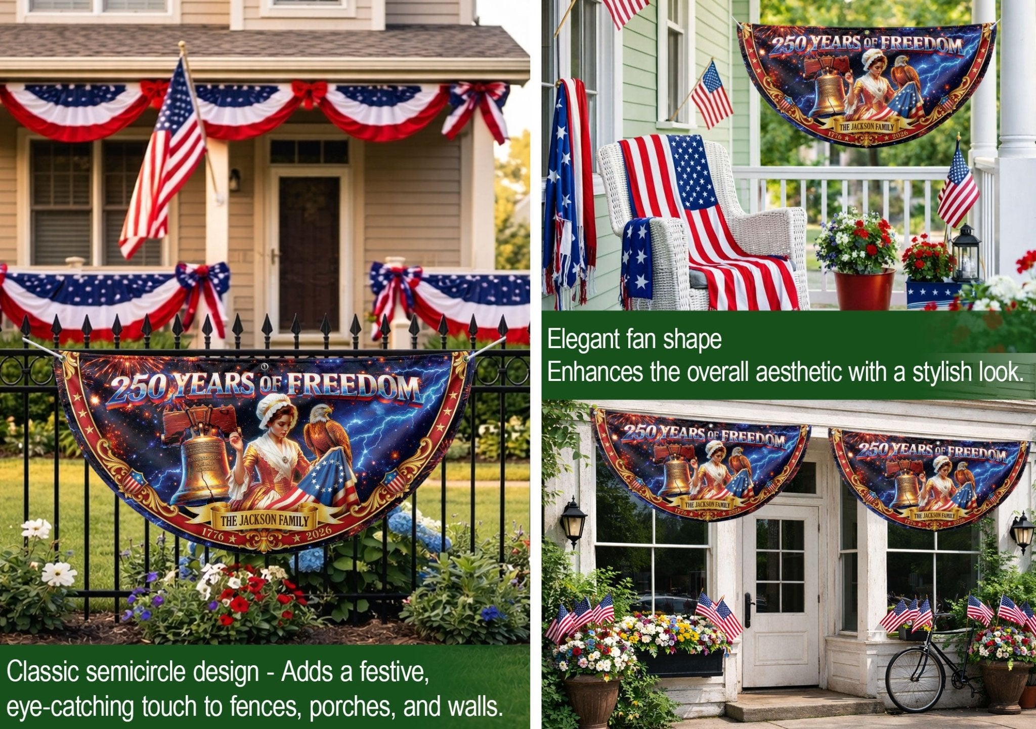 Custom Family Name 250 Years of Freedom Betsy Ross Patriot 1776-2026 Fence Flag Banner - Rust Field Wear