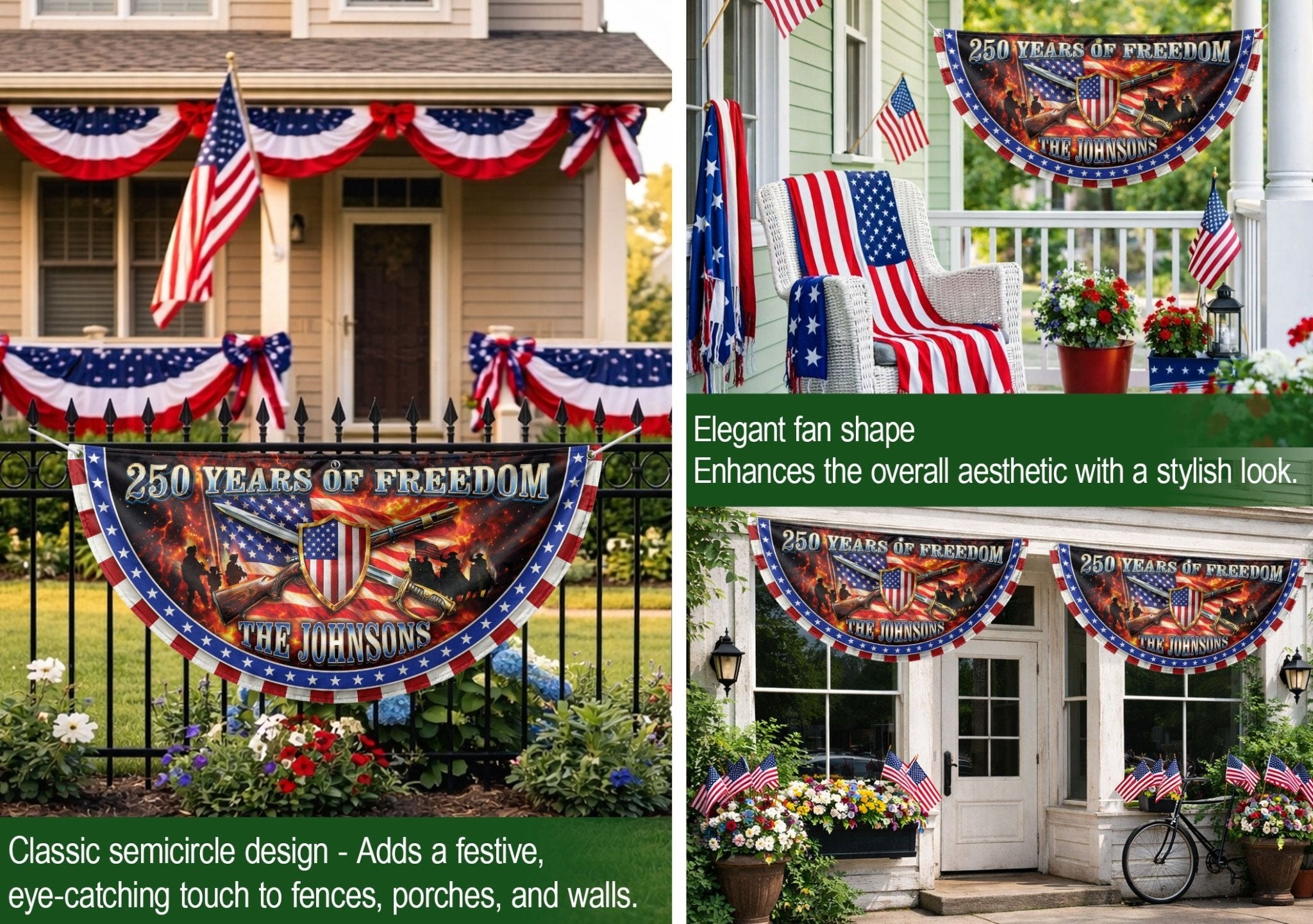 Custom Family Name 250 Years of Freedom Patriot Shield 1776-2026 Bunting Fence Flag - Rust Field Wear