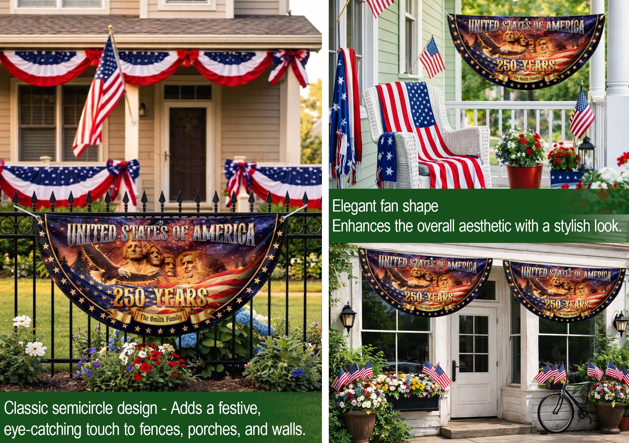 Custom Family Name United States 250 Years Mount Rushmore Patriot Bunting Fence Flag