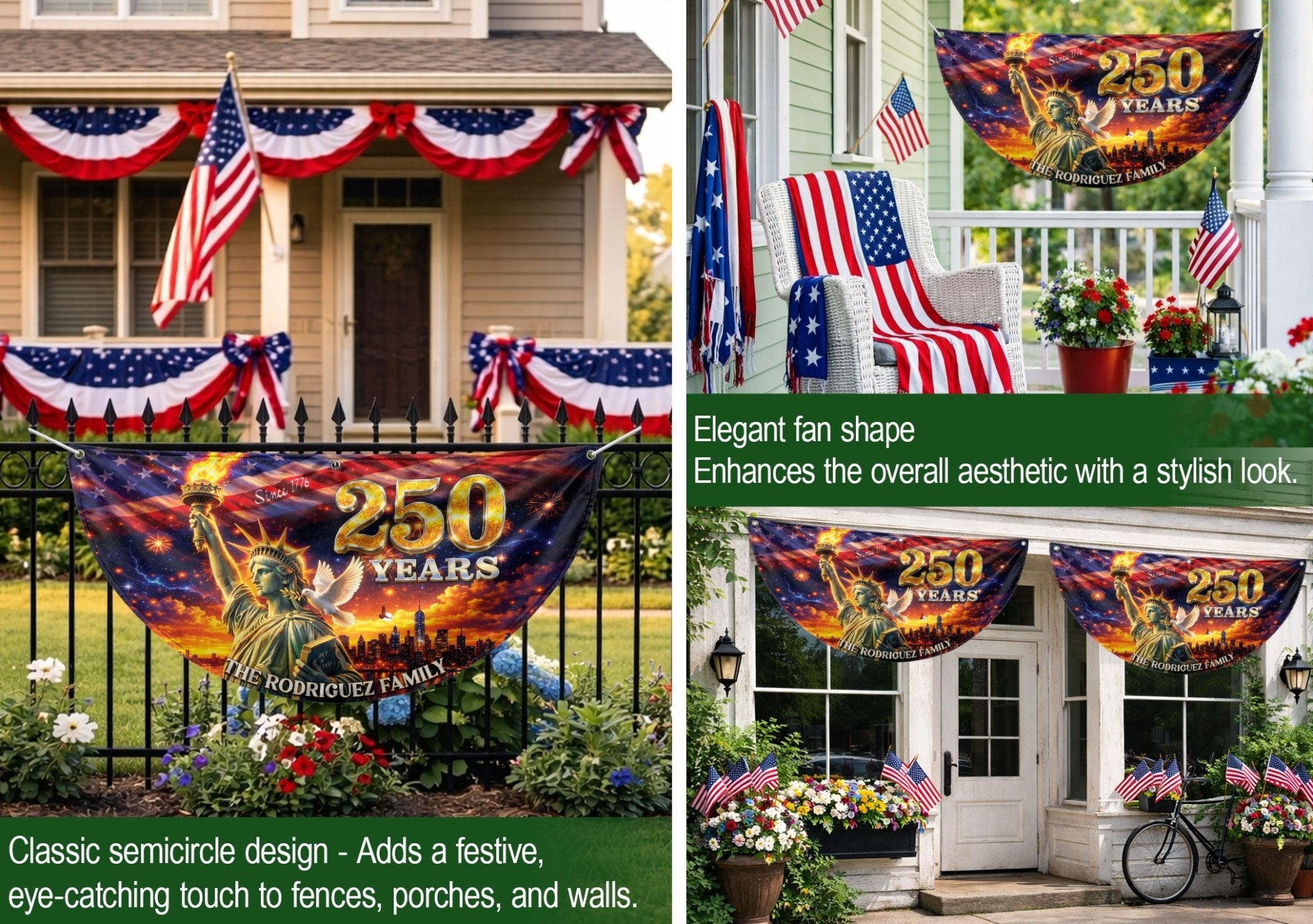 Custom Family Name 250 Years United States Statue of Liberty Patriot Bunting Fence Flag - Rust Field Wear