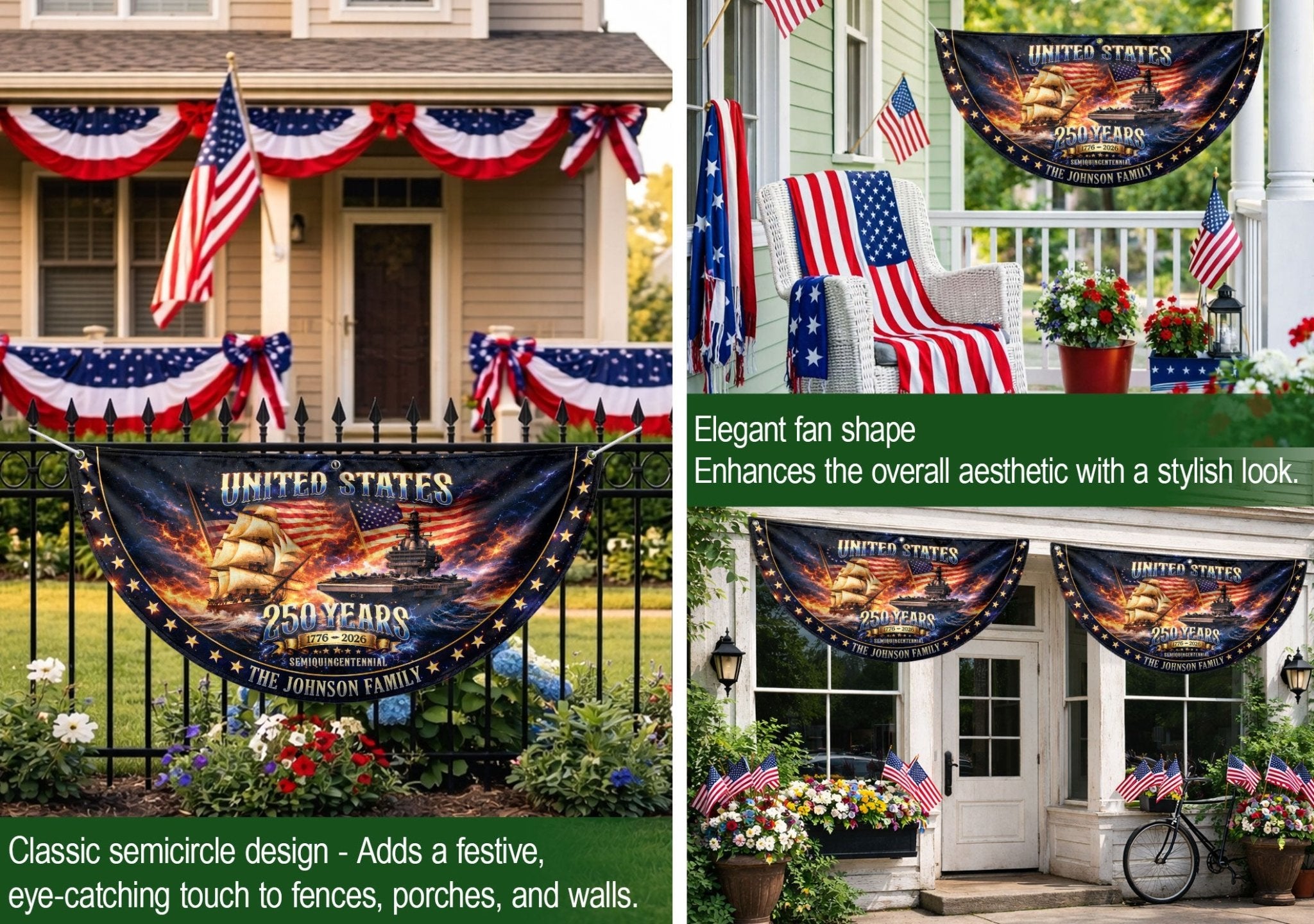 United States 250 Years Custom Family Name Fence Flag - 1776-2026 Patriot Navy Bunting - Rust Field Wear