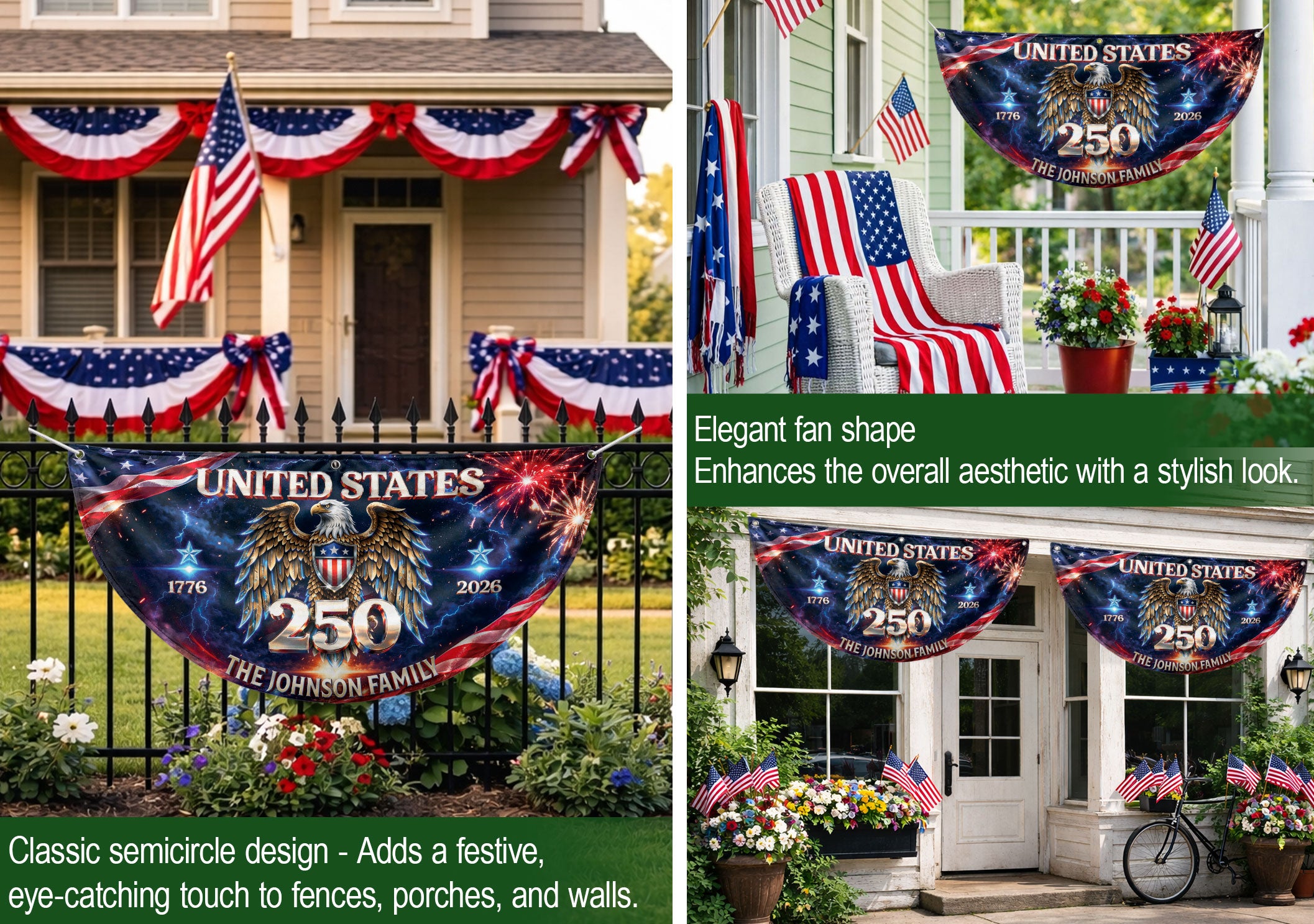 Custom Family Name United States 250 Years Patriot Eagle 1776-2026 Bunting Fence Flag