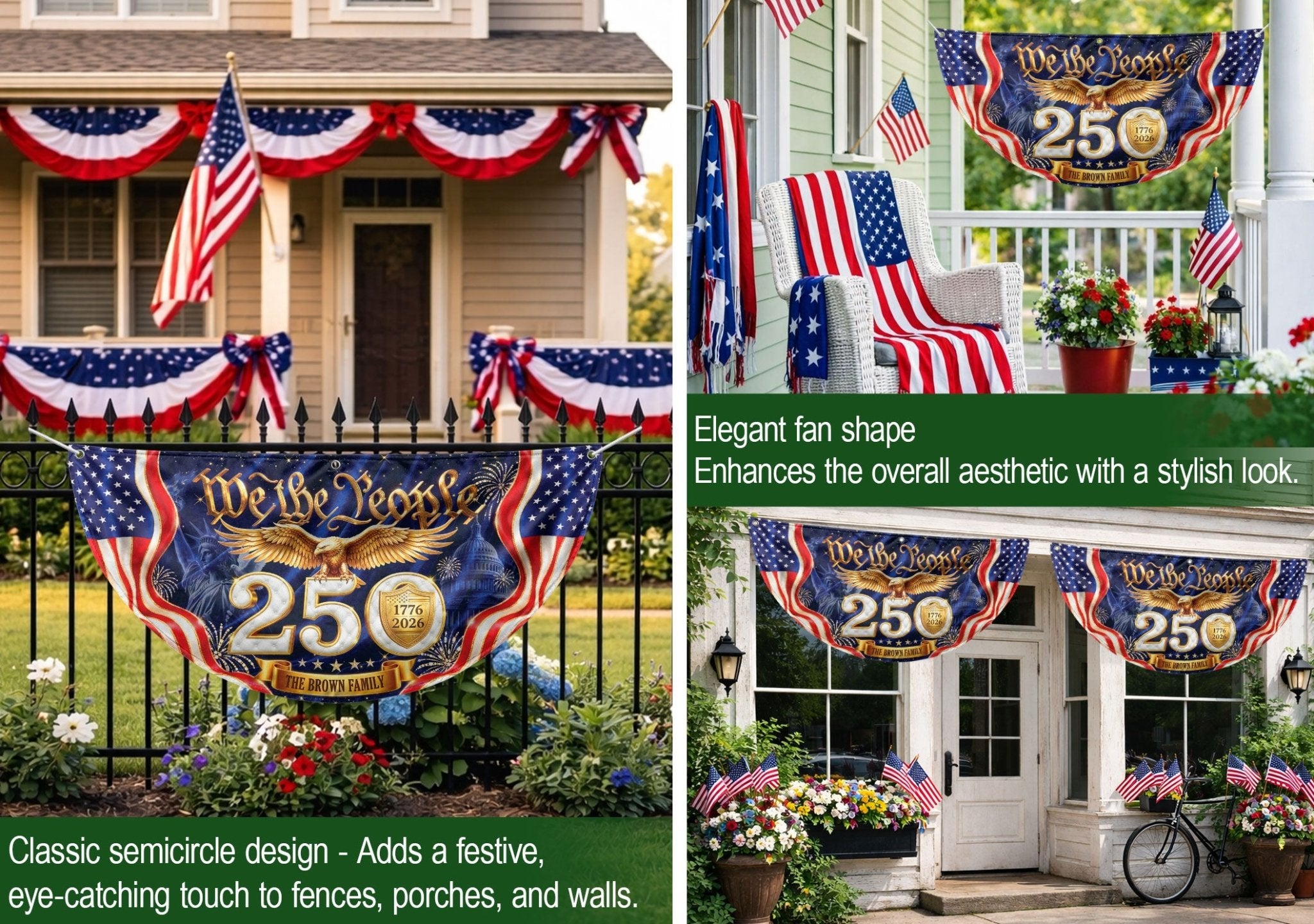 250th Anniversary USA Fence Flag We The People Eagle 1776-2026 Custom Family Name Banner - Rust Field Wear
