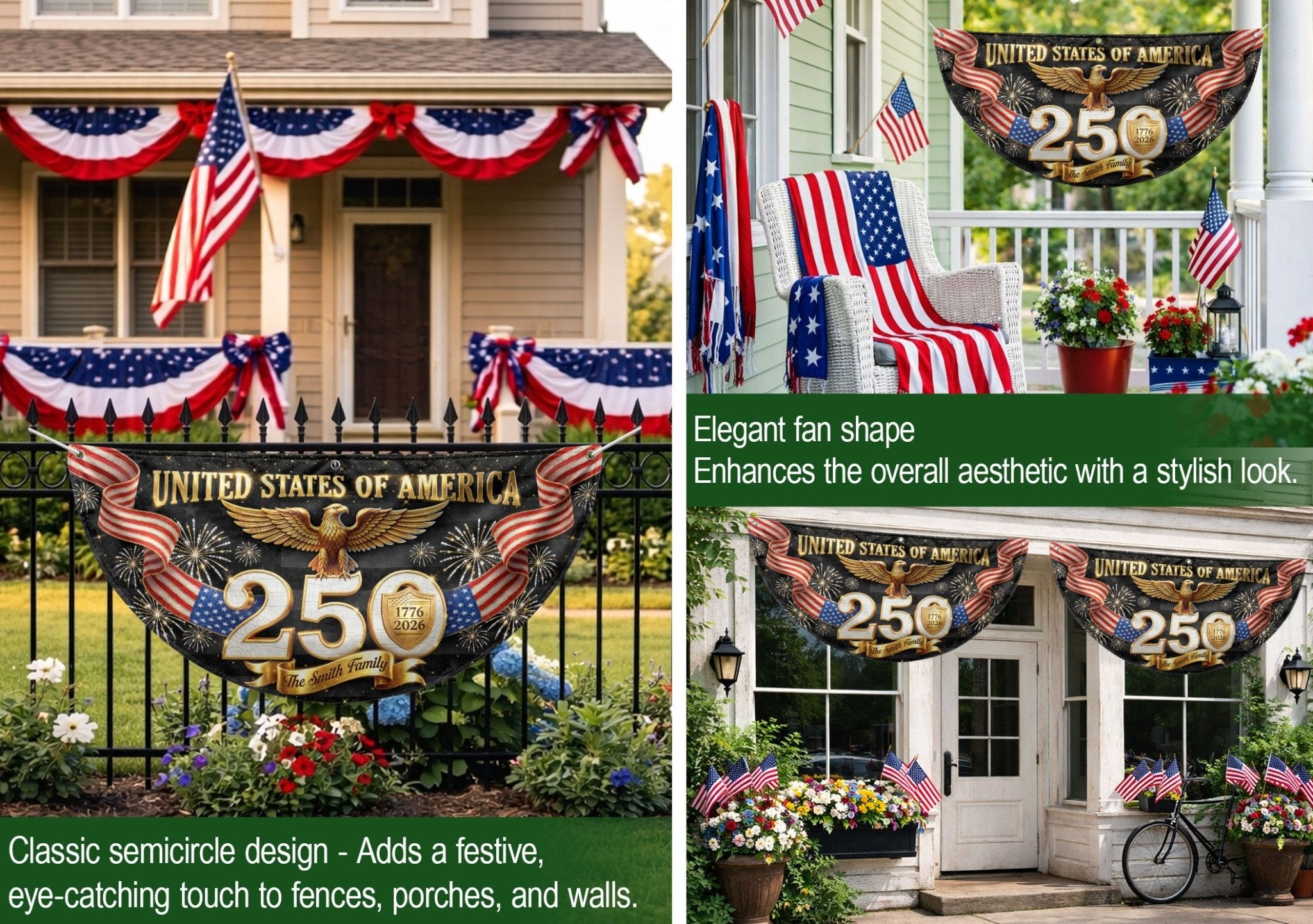 Personalized Family Name 1776-2026 United States Patriot Eagle Gold 250th Fence Flag - Rust Field Wear