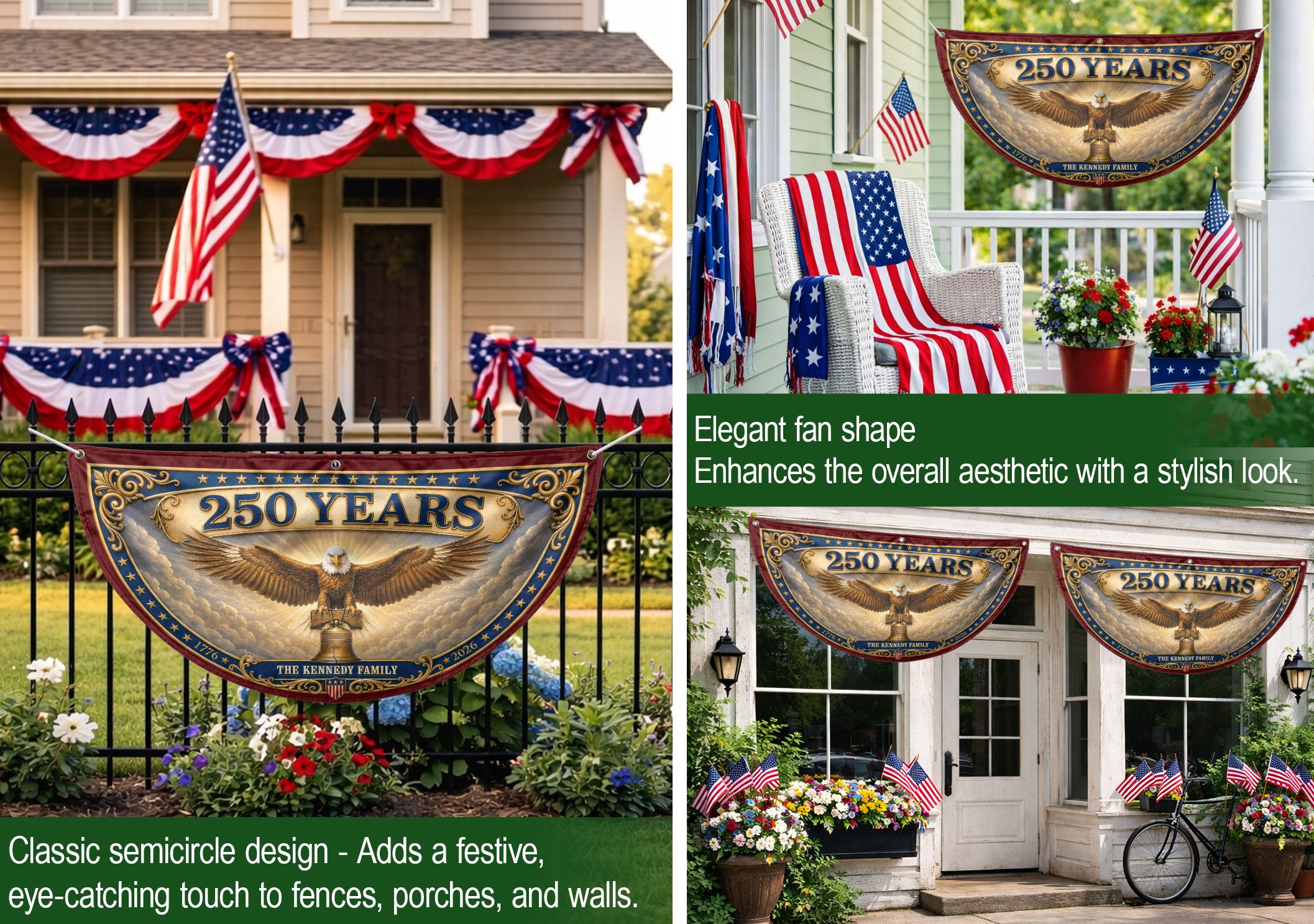Custom Family Name 250 Years United States Patriot Eagle Liberty Bell Fence Flag