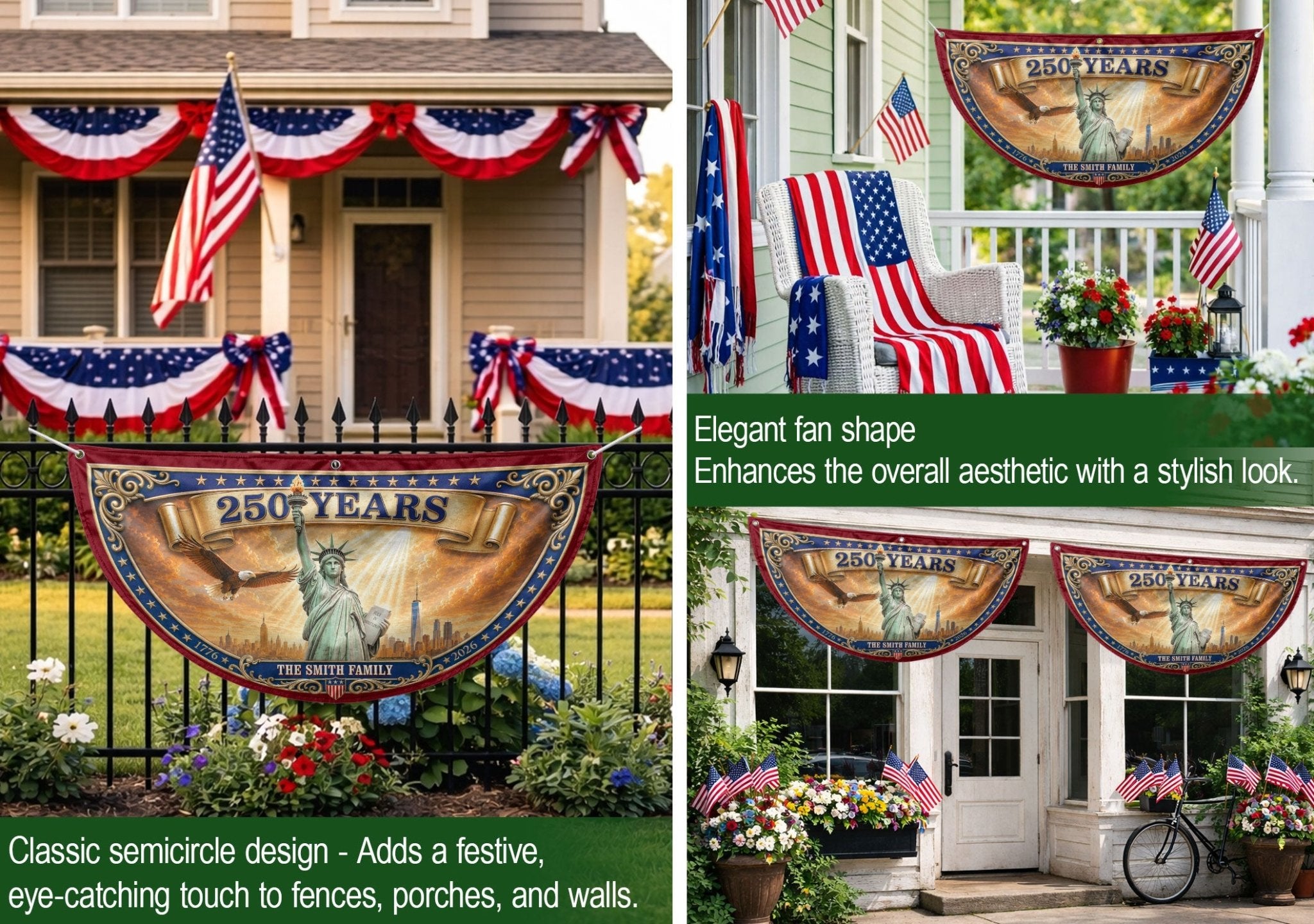 Custom Family Name 250 Years United States Patriot Statue of Liberty Bunting Fence Flag - Rust Field Wear