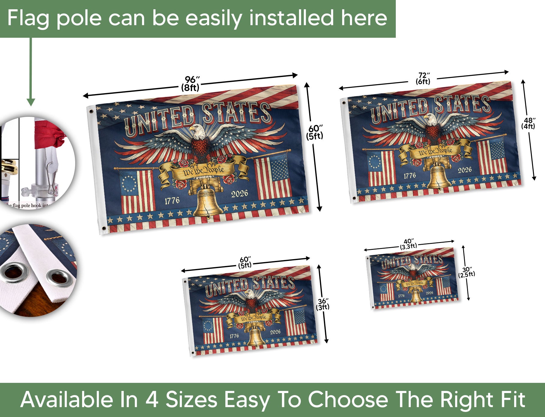 United States 1776-2026 Anniversary Flag Liberty Bell Bald Eagle We The People Banner