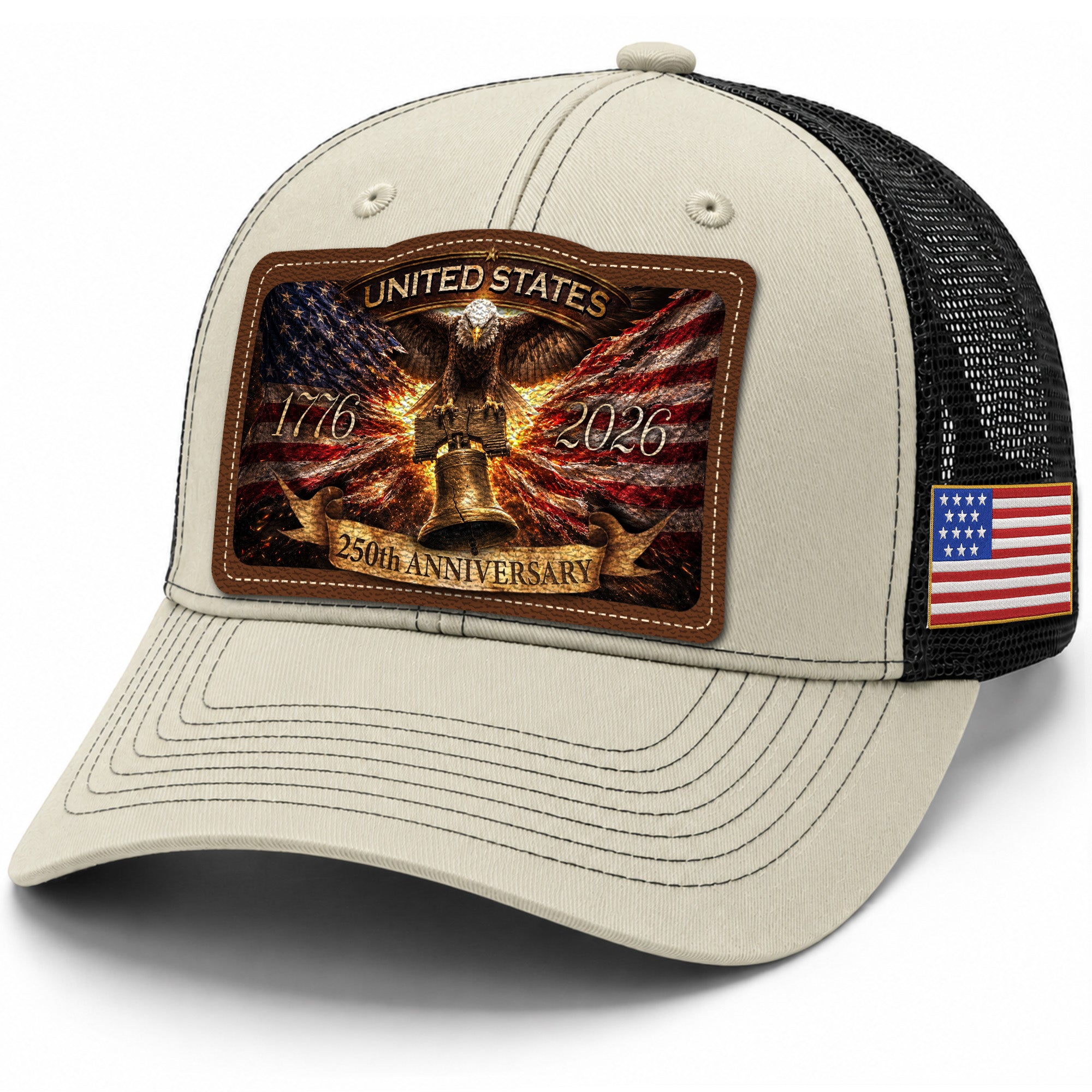US 250th Anniversary Leather Patch Hat Liberty Bell Eagle Off White Trucker Cap upsale