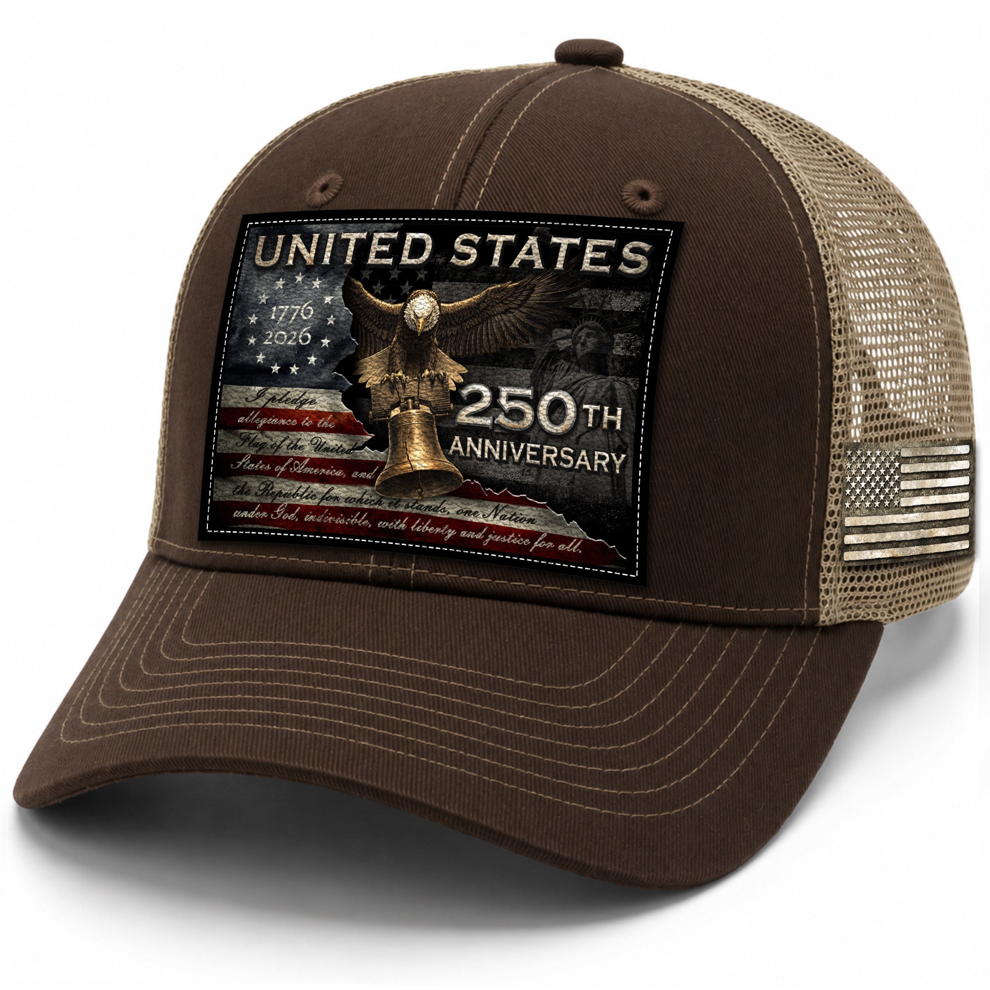 US 250th Anniversary Hat Pledge of Allegiance Liberty Bell Brown Trucker Cap upsale