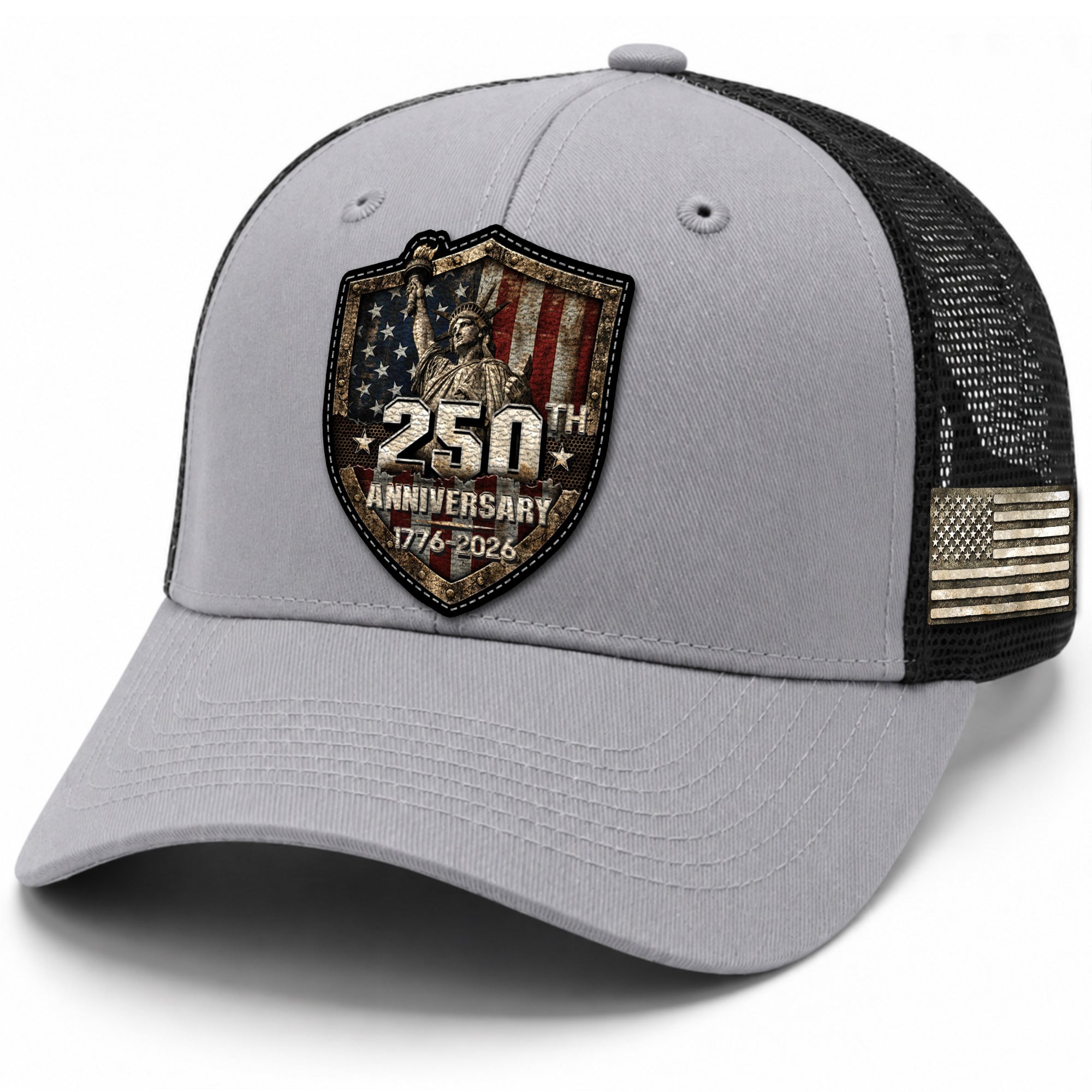 US 250th Anniversary Trucker Hat Vintage Liberty Shield Gray Leather Patch Cap