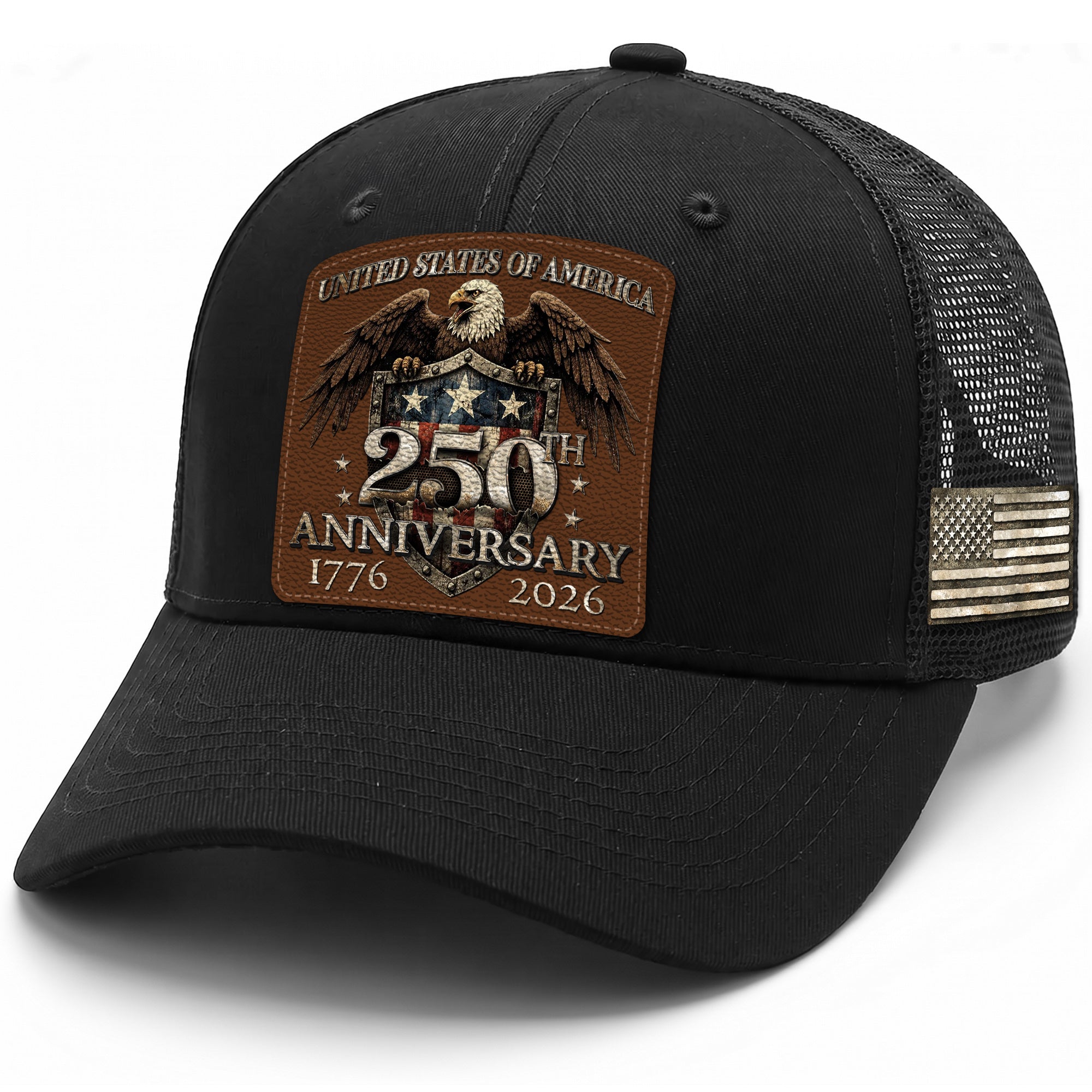 US 250th Anniversary Leather Patch Hat Patriotic Eagle Shield Black Trucker Cap