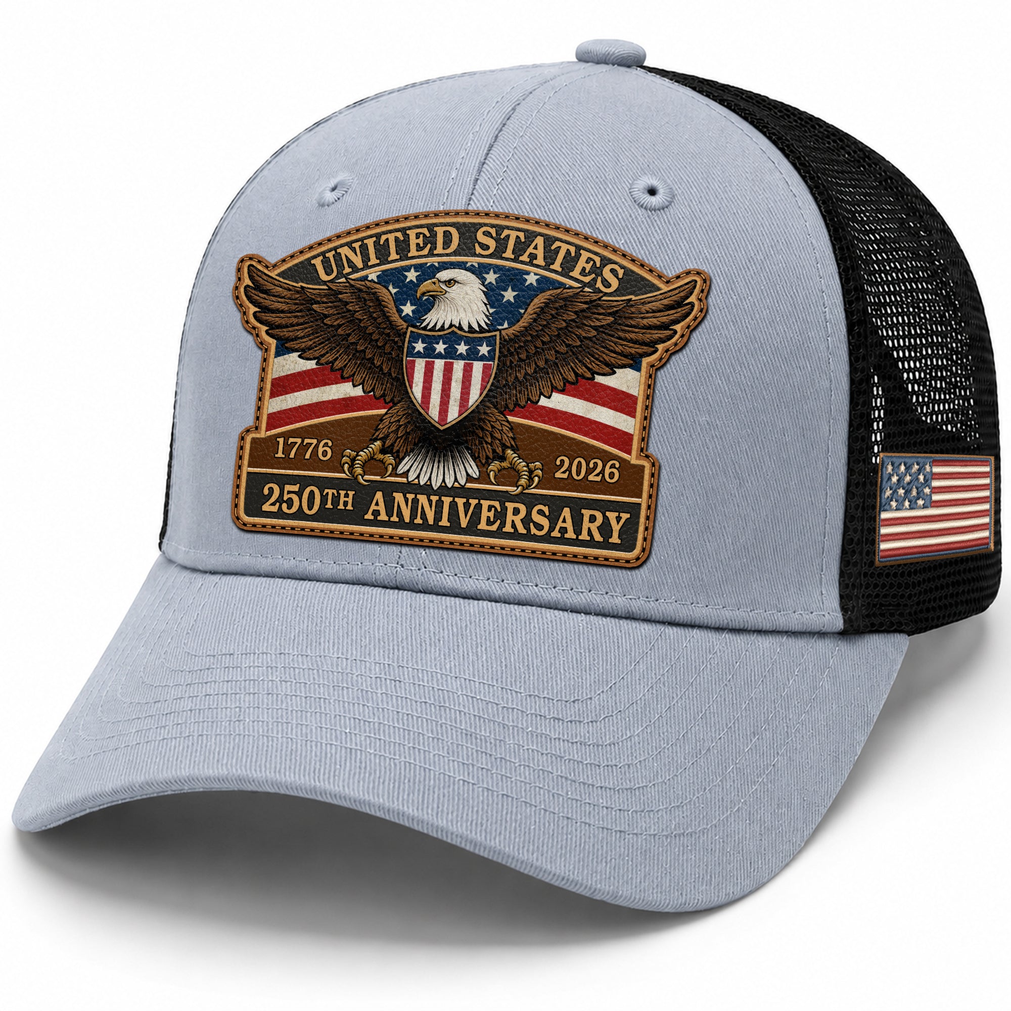 US 250th Anniversary Leather Patch Hat Patriotic Eagle Shield Trucker Cap