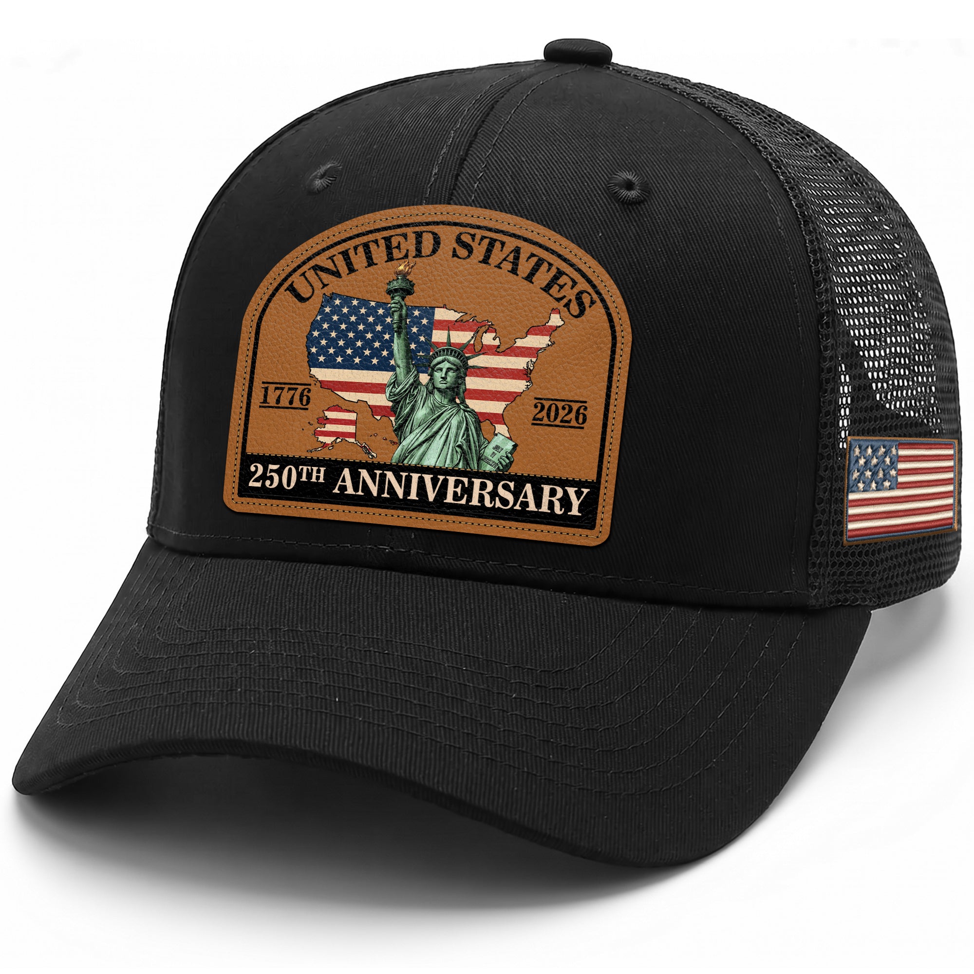 US 250th Anniversary Leather Patch Hat Statue of Liberty Black Trucker Cap
