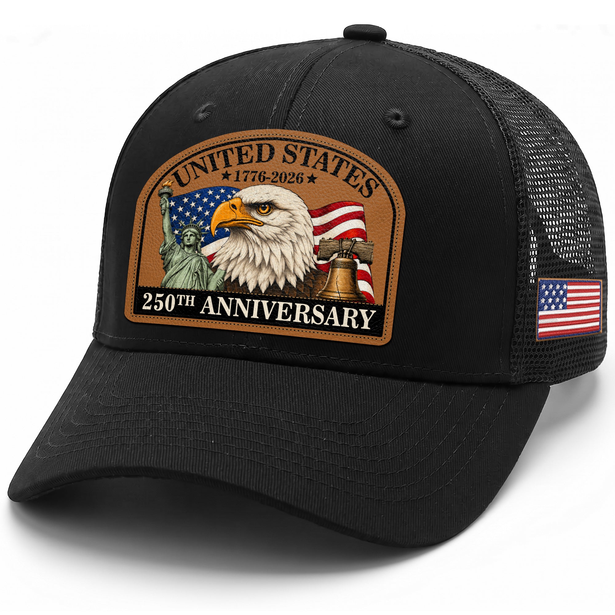 US 250th Anniversary Leather Patch Hat Patriotic Eagle Liberty Black Trucker Cap