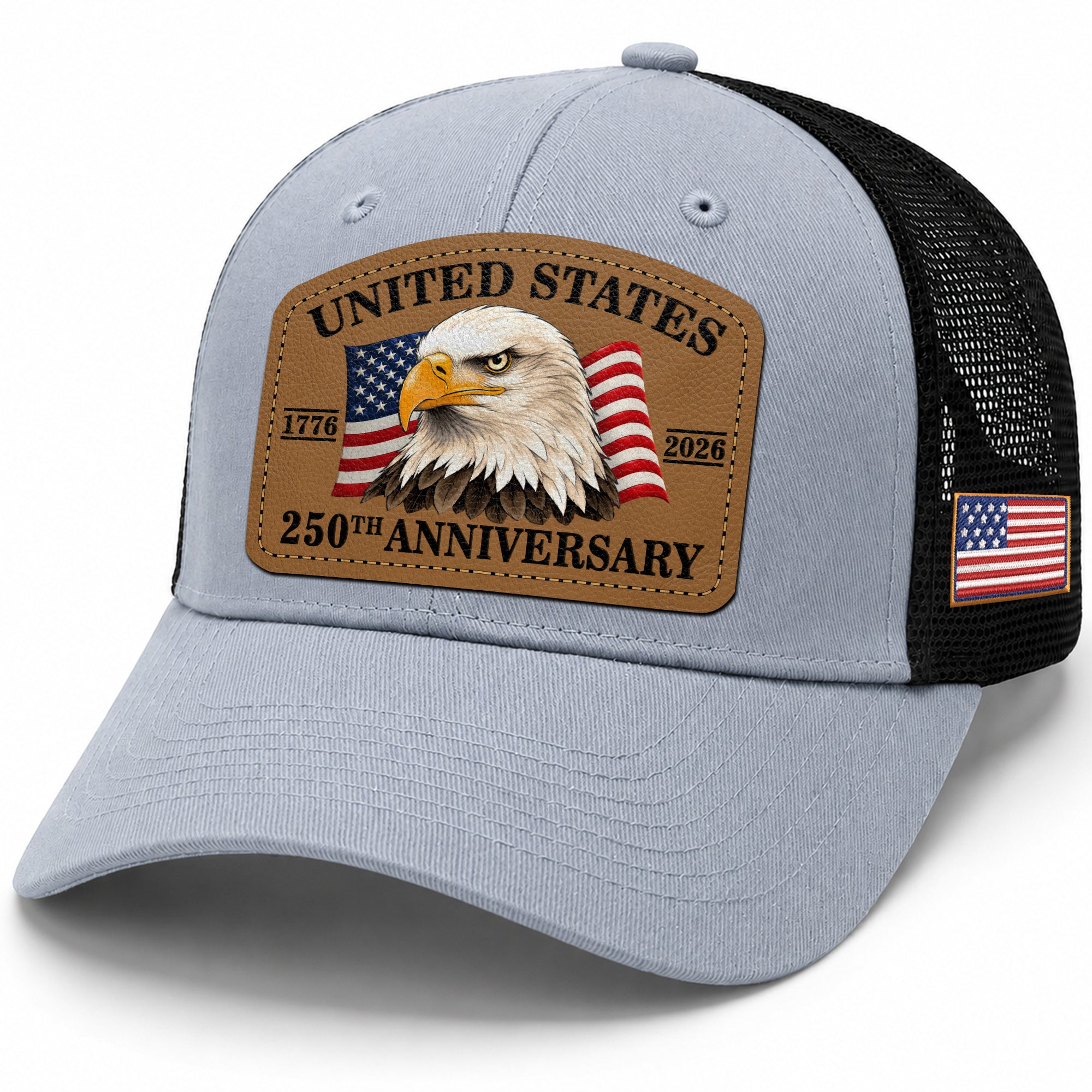US 250th Anniversary Trucker Hat Patriotic American Eagle Leather Patch Gray Cap