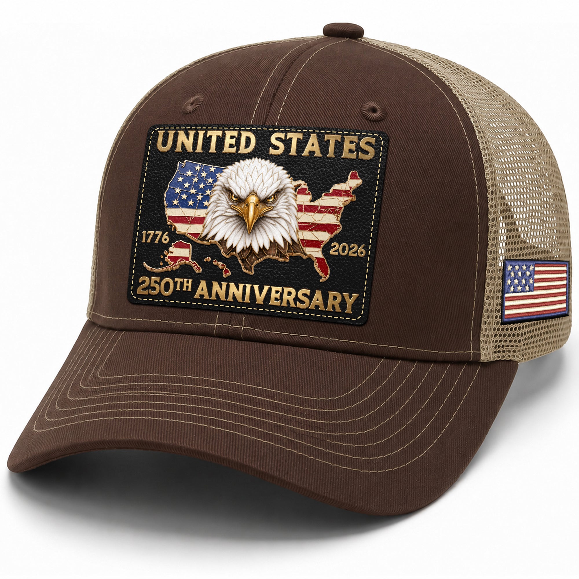 US 250th Anniversary Trucker Hat Vintage American Eagle Leather Patch Brown Cap upsale