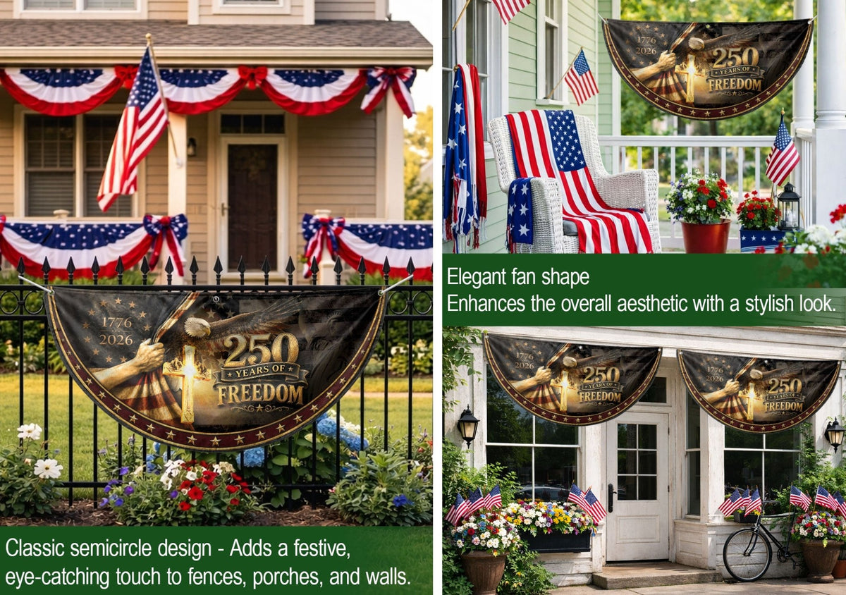 Fence Flag 250 Years Freedom Banner | 1776-2026 Christian Cross Eagle Outdoor Decor - Rust Field Wear