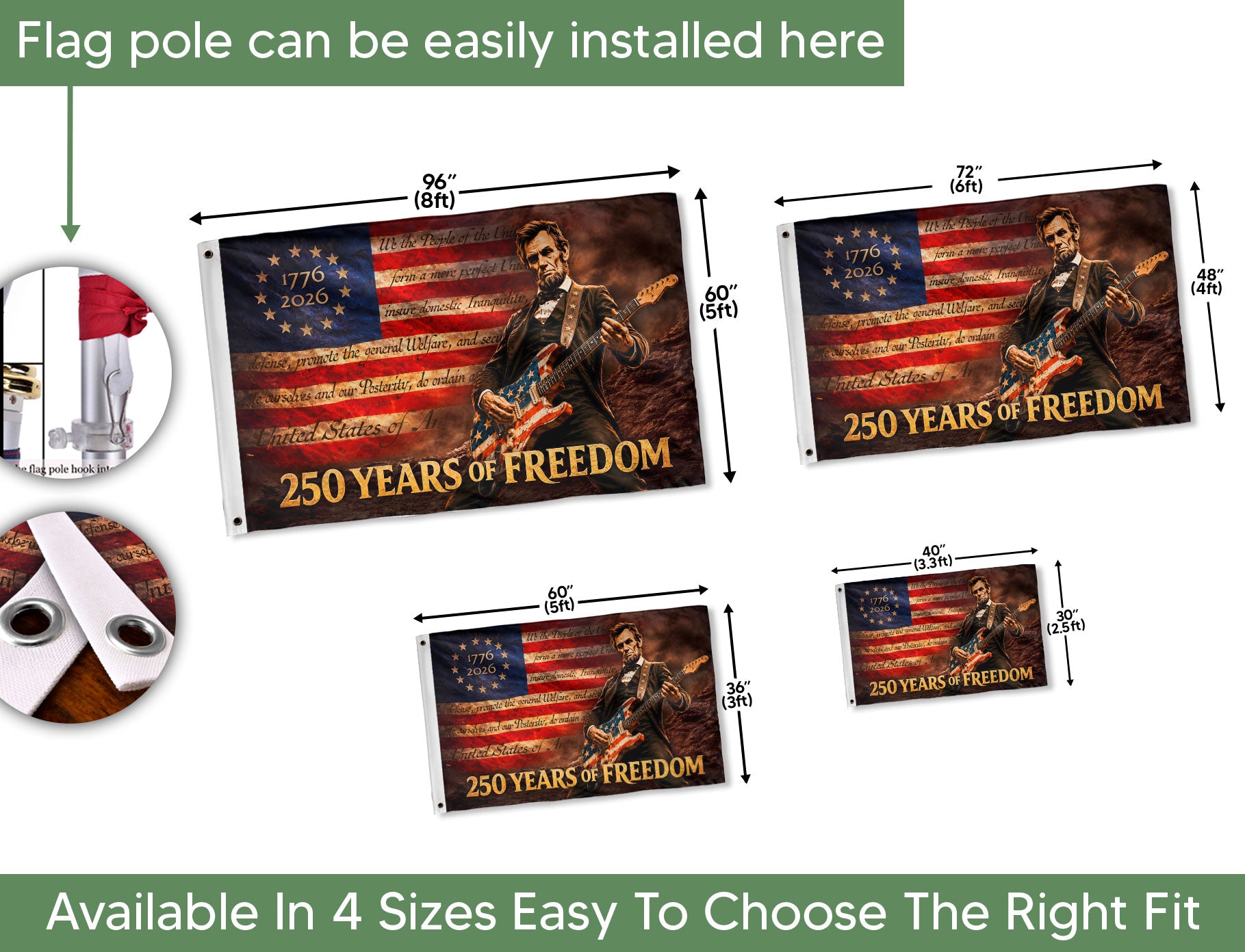 250 Years 1776-2026 Patriotic Abraham Lincoln Guitar Eagle American Freedom Flag