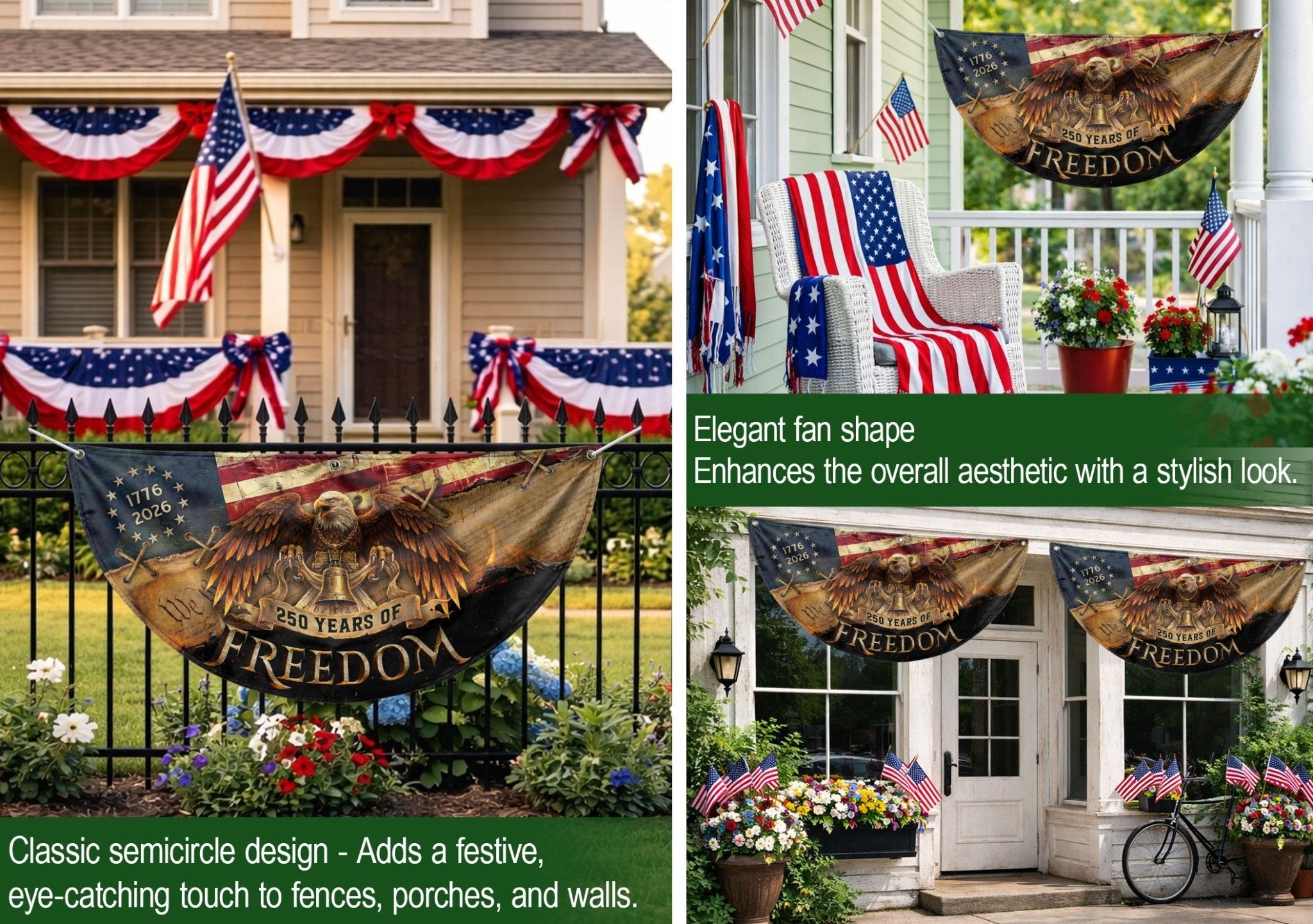 250th Anniversary US Fence Flag 1776-2026 Patriotic Eagle Outdoor Bunting Banner - Rust Field Wear