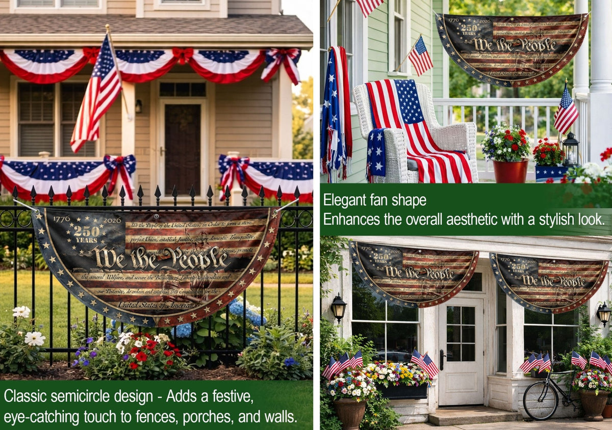 1776-2026 We The People Fence Flag 250 Years US Constitution Patriotic Pleated Bunting - Rust Field Wear